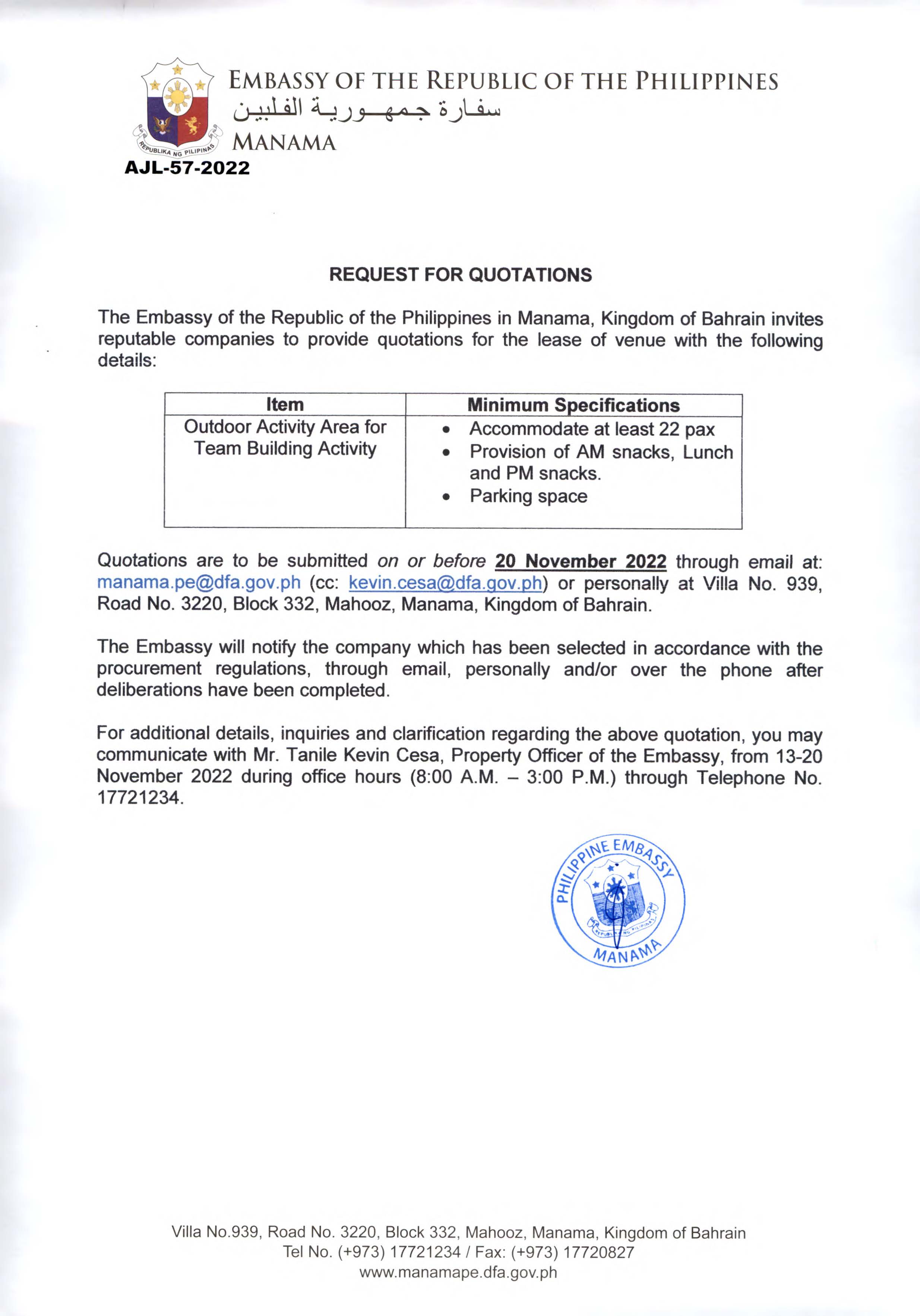 AJL 57 2022 Request Quotations for the Lease of Venue for use in Outdoor Activity Team Building