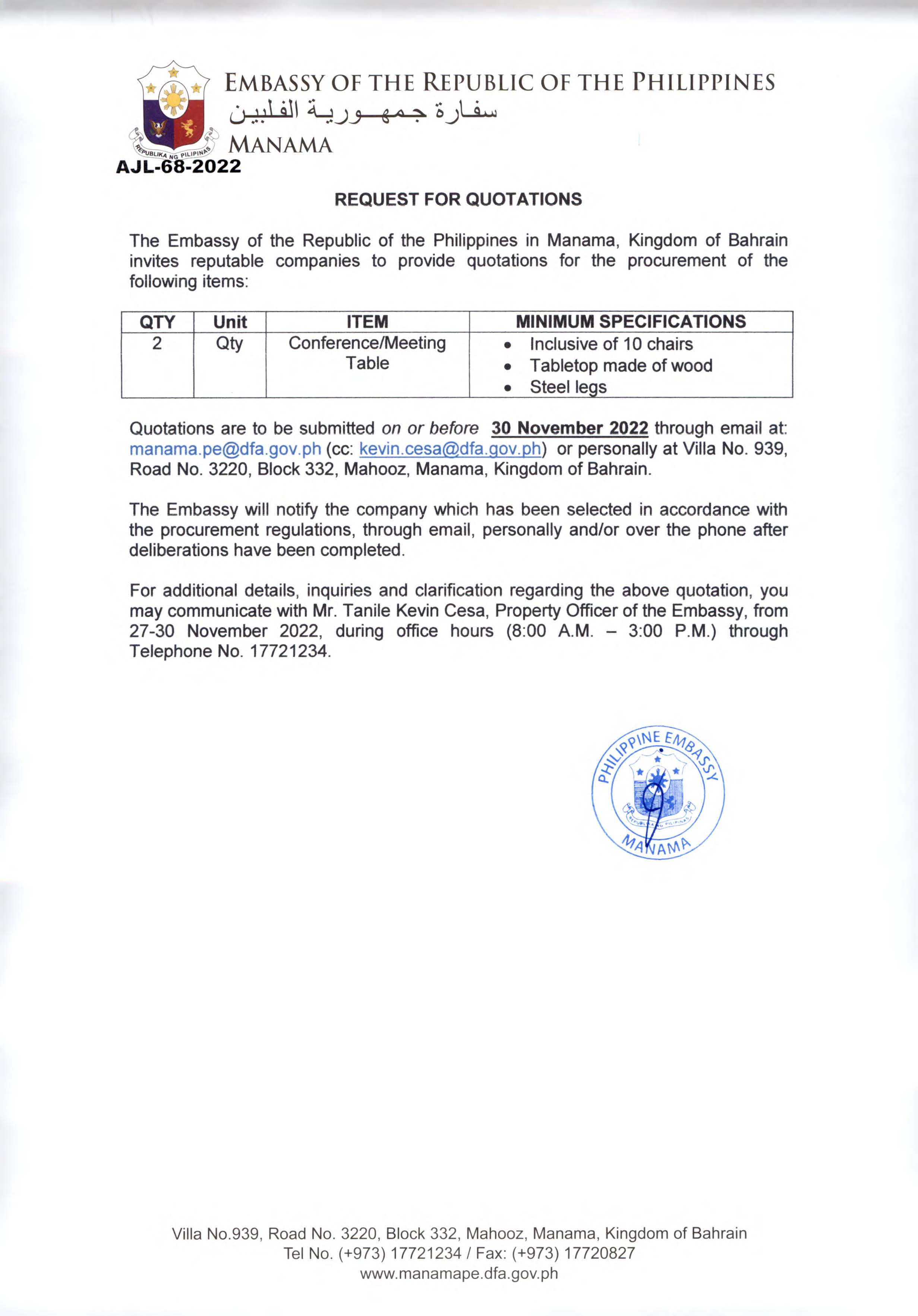 AJL 68 2022 Request Quotations for the Procurement of a Conference Meeting Table