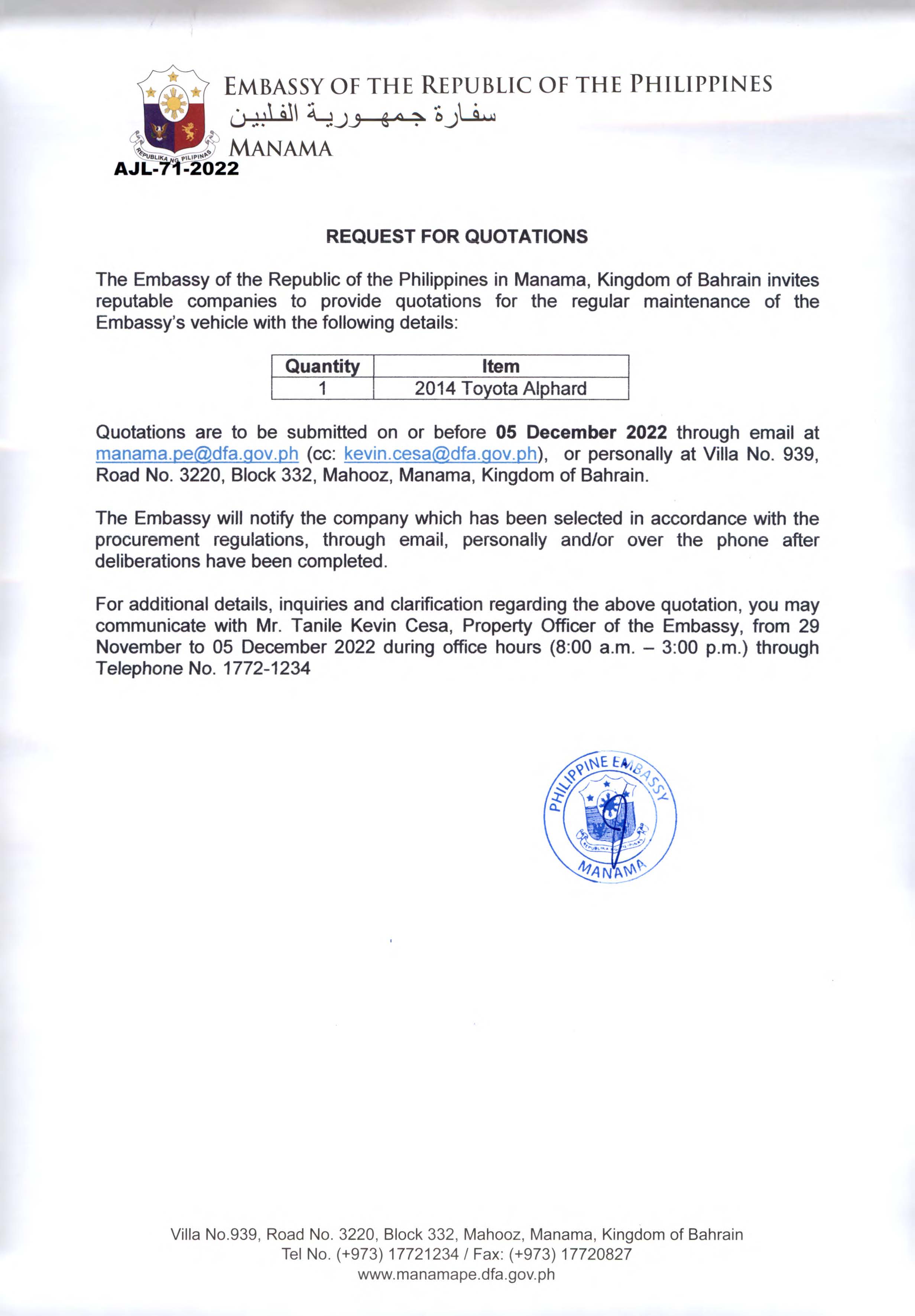 AJL 71 2022 Request Quotations for the Repair and Maintenance of Embassy Official Vehicle