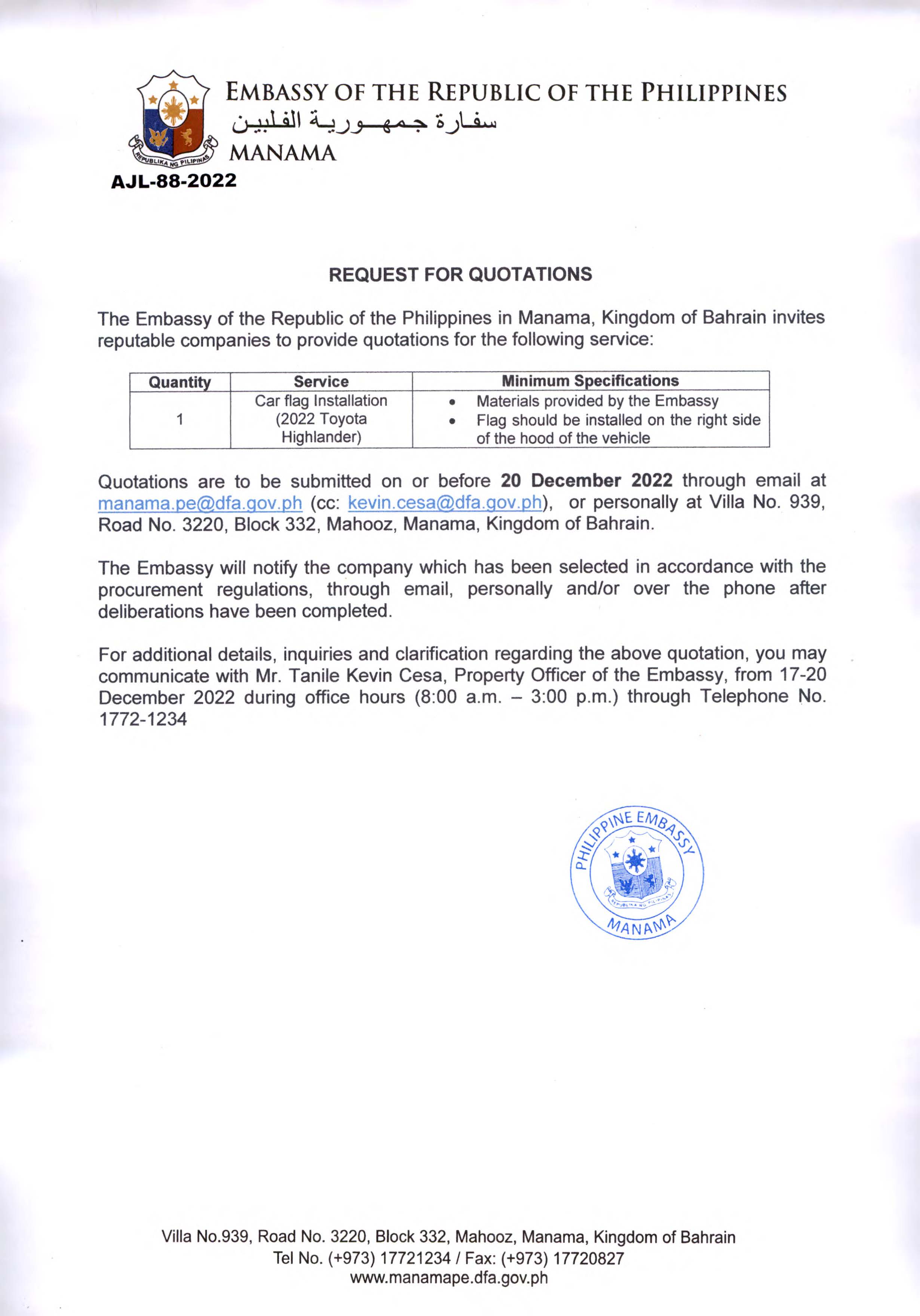 AJL 88 2022 Request Quotations for the Installation of a Flag Holder for the Embassy Official Vehicle 2022 Toyota Highlander