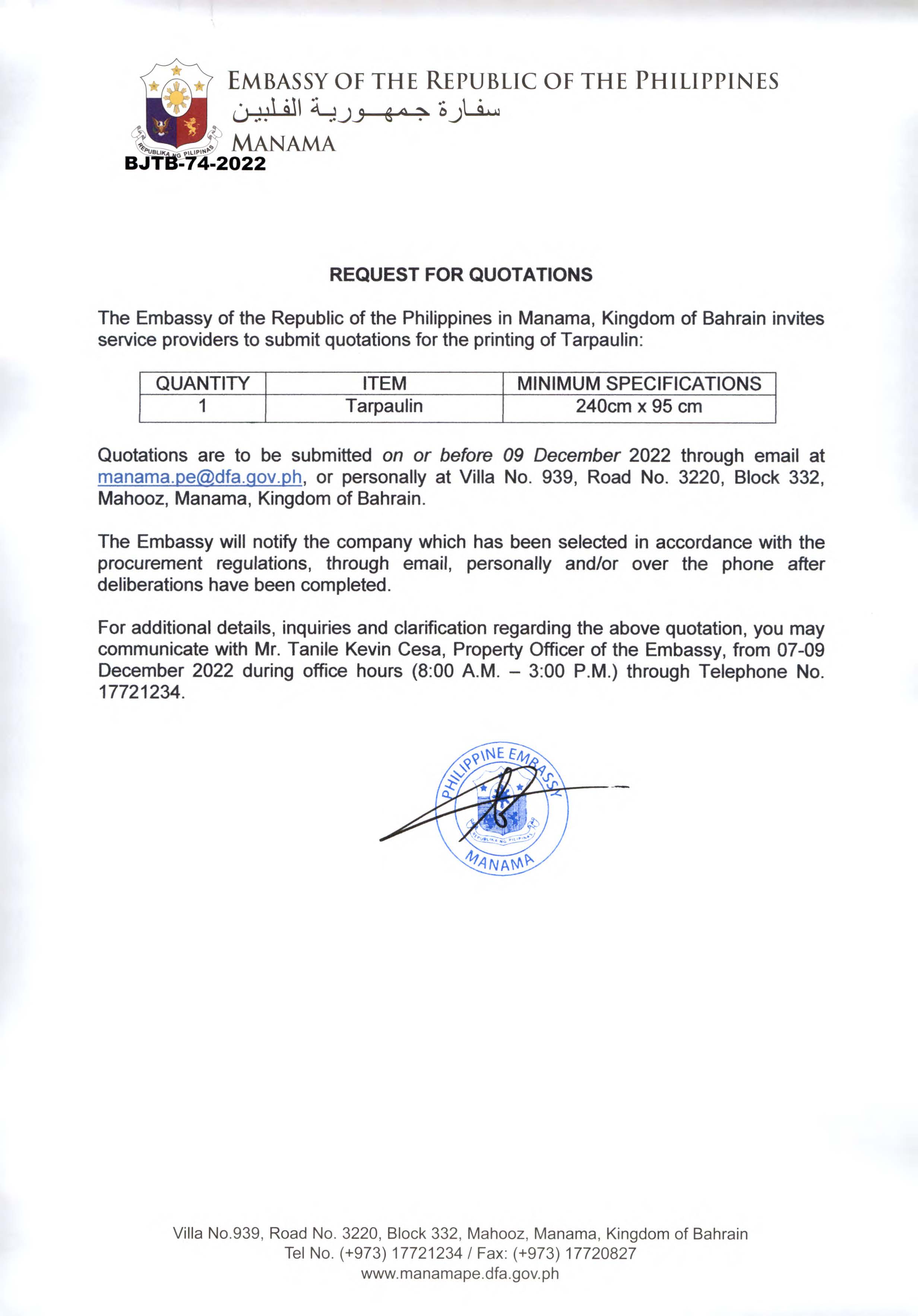 BJTB 74 2022 Request Quotations for the Procurement of a Tarpaulin