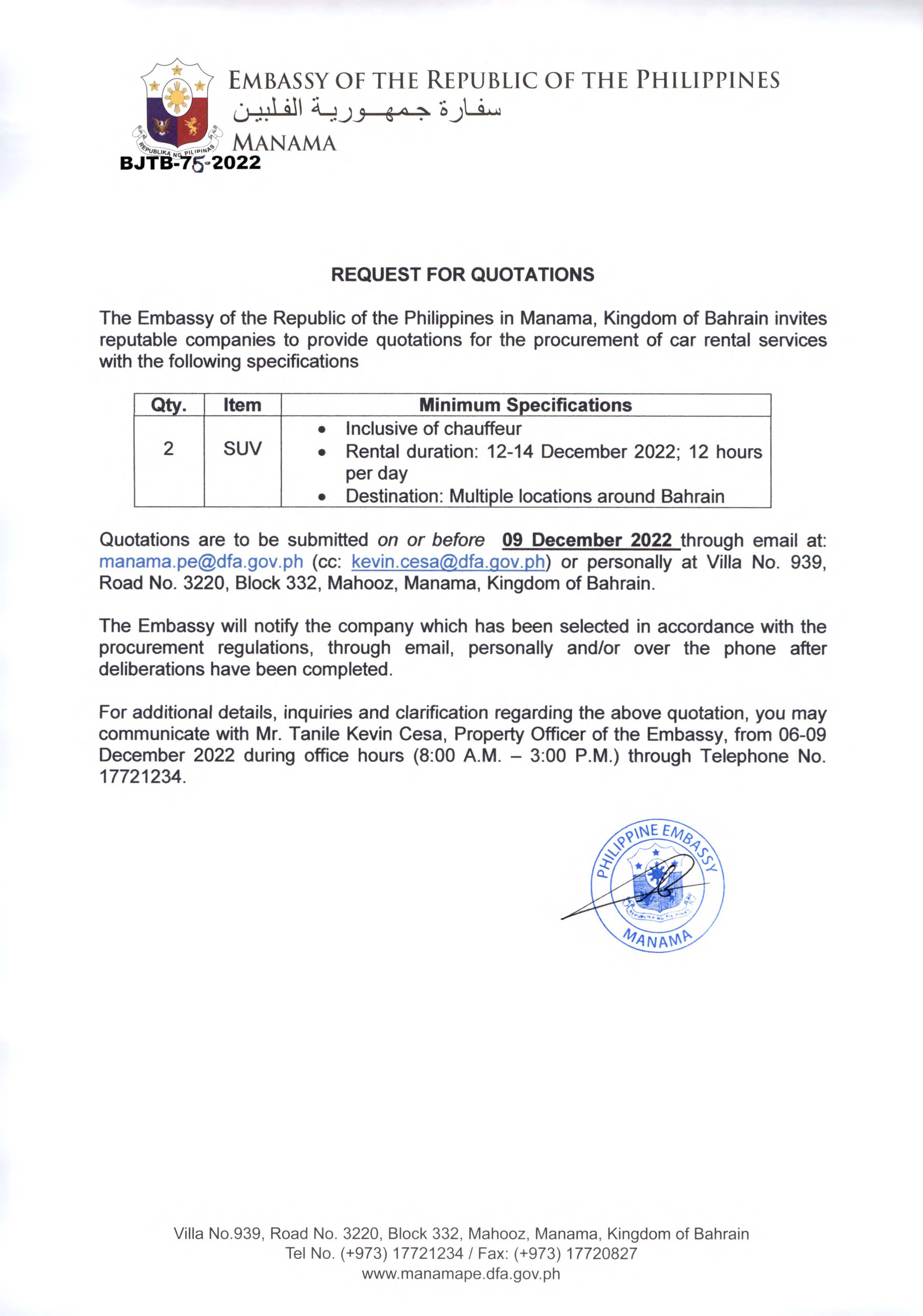 BJTB 75 2022 Request Quotations for the Procurement of a Car Rental Service