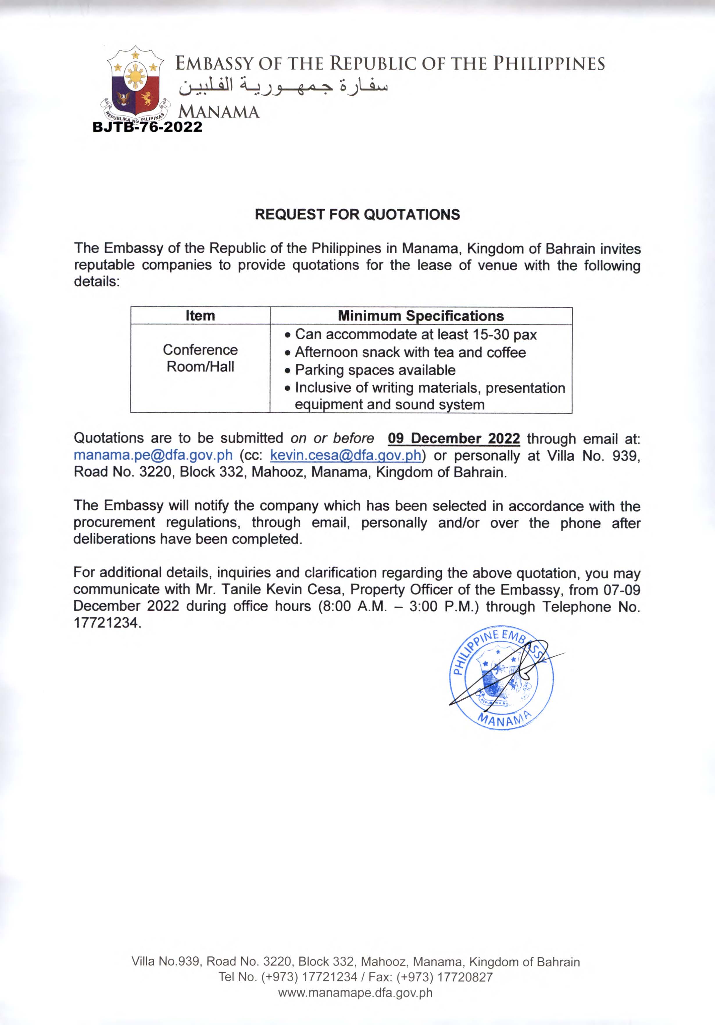 BJTB 76 2022 Request Quotations for the Lease of a Venue
