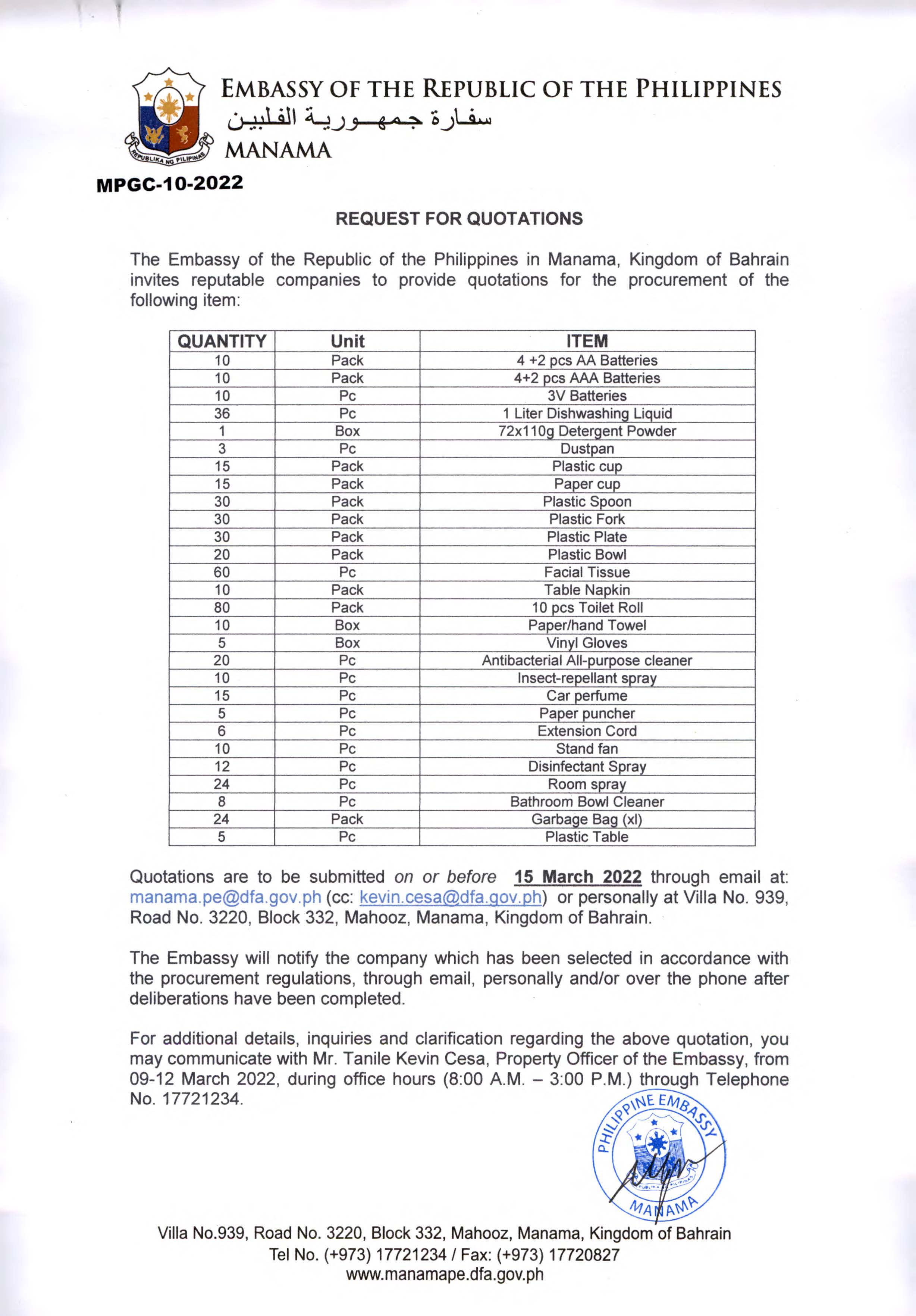 MPGC 10 2022 Request Quotations for the Procurement of Embassy Miscellanous Items