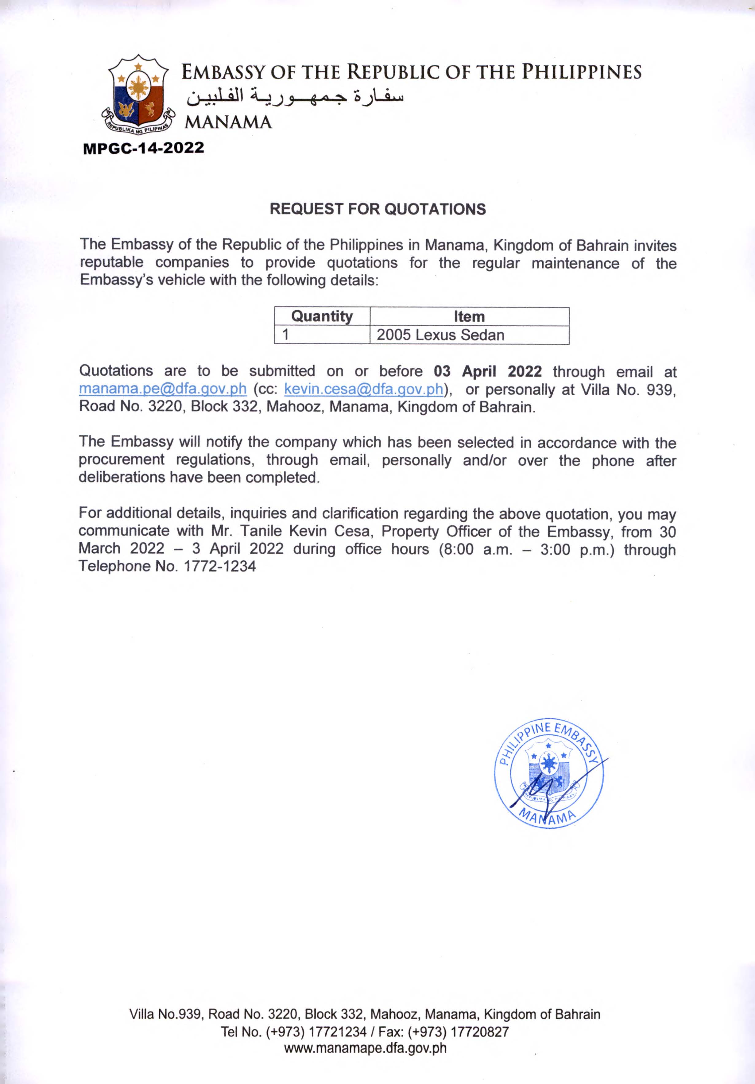 MPGC 14 2022 Request Quotations for Maintenance of Embassy Official Vehicle