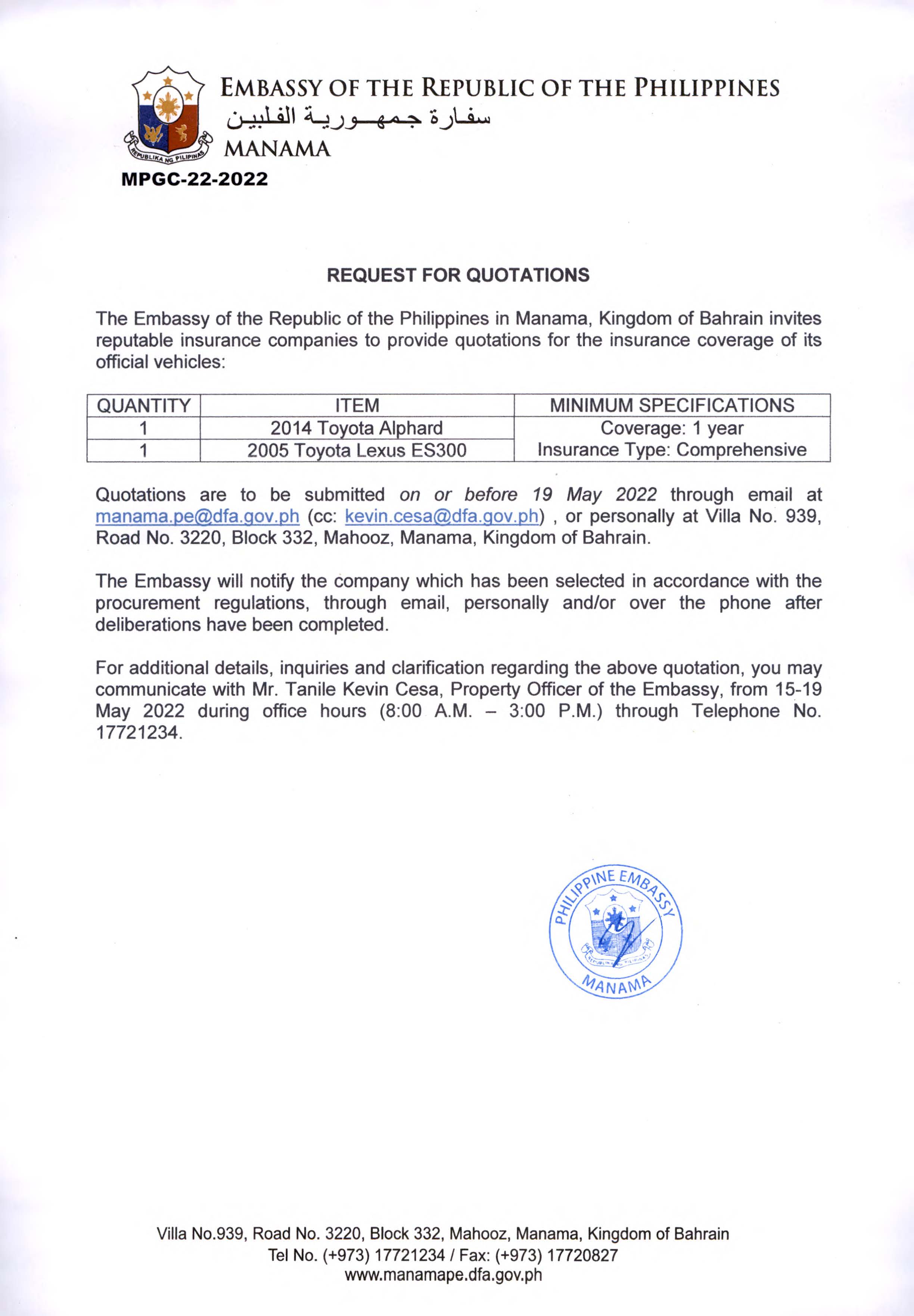 MPGC 22 2022 Request Quotations for the Procurement of Issurance Coverage for Embassy Official Vehicles