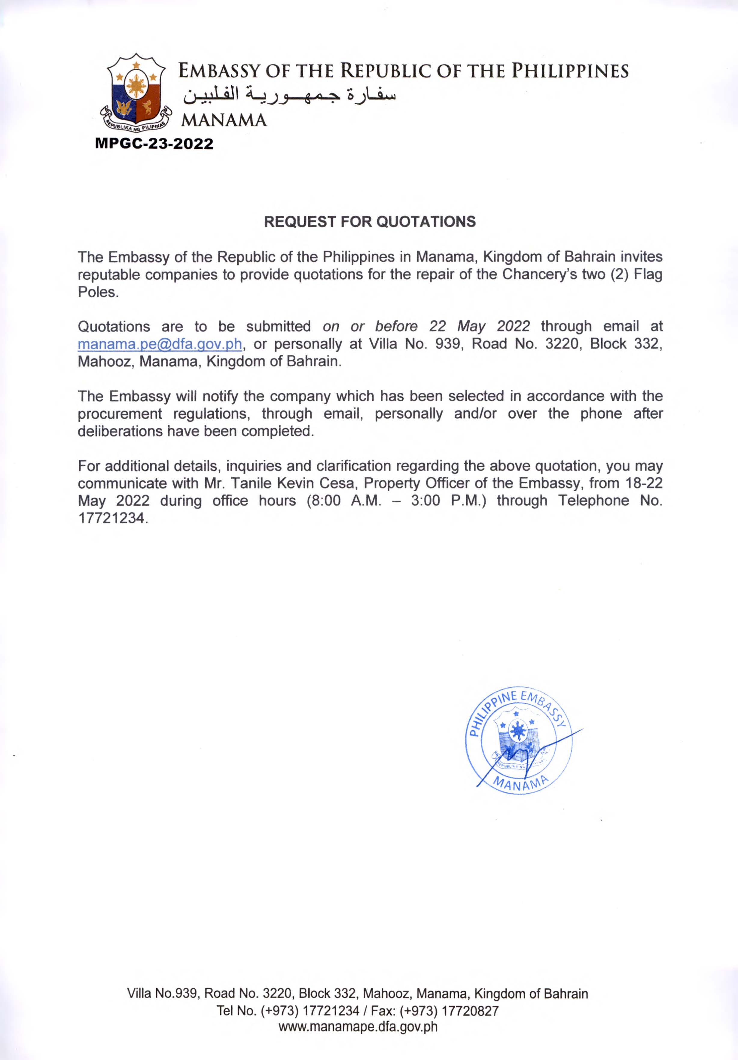 MPGC 23 2022 Request Quotations for the Repair of the Chancerys Two 2 Flag Poles