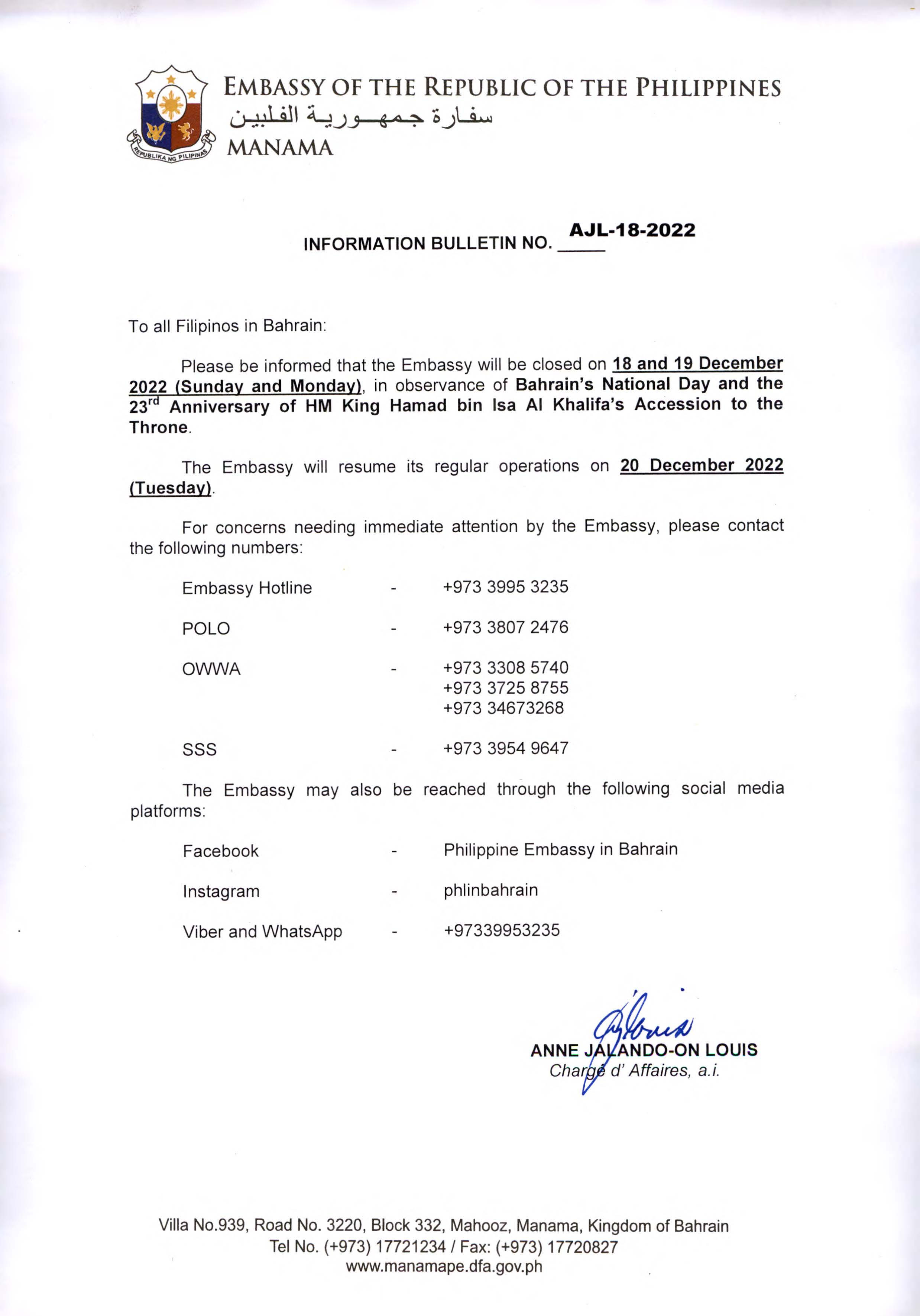 Information Bulletin No. AJL 18 2022 Observance of Bahrain National Day and the 23rd Anniversary of HM King Hamad bin Isa Al Khalifa Accession to the Throne