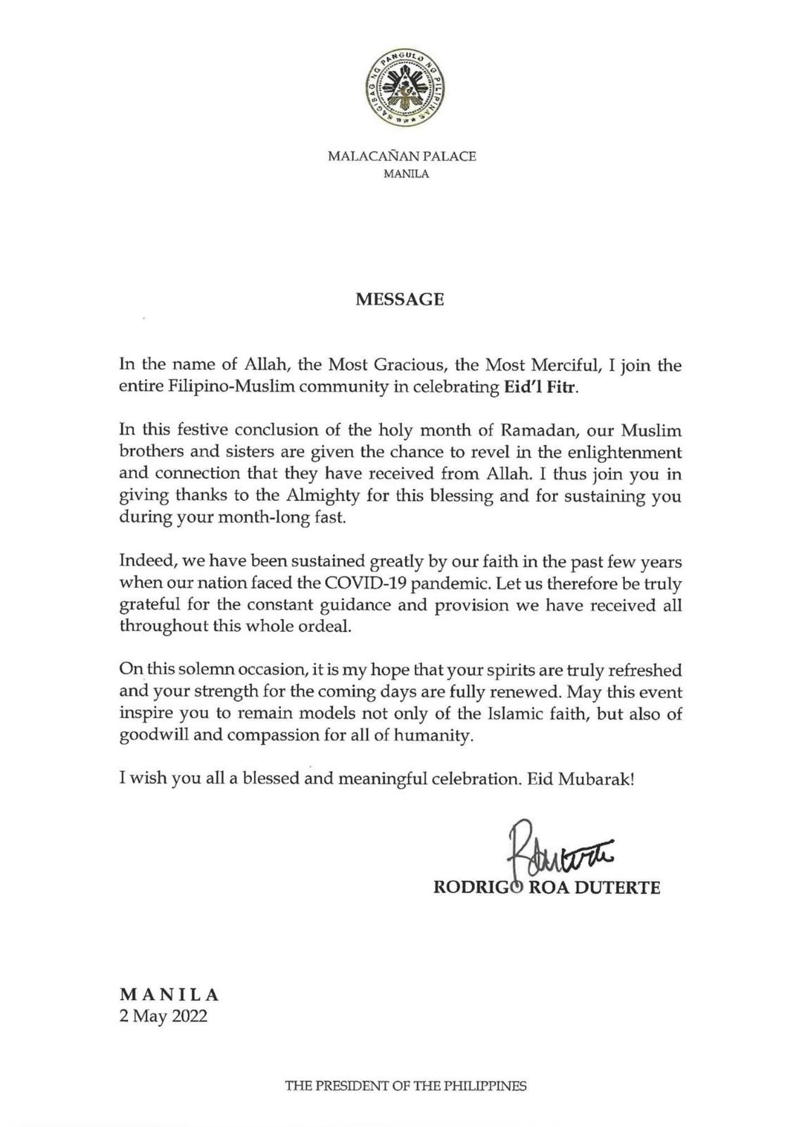 PRRD Message on Eidl Fitr 2022