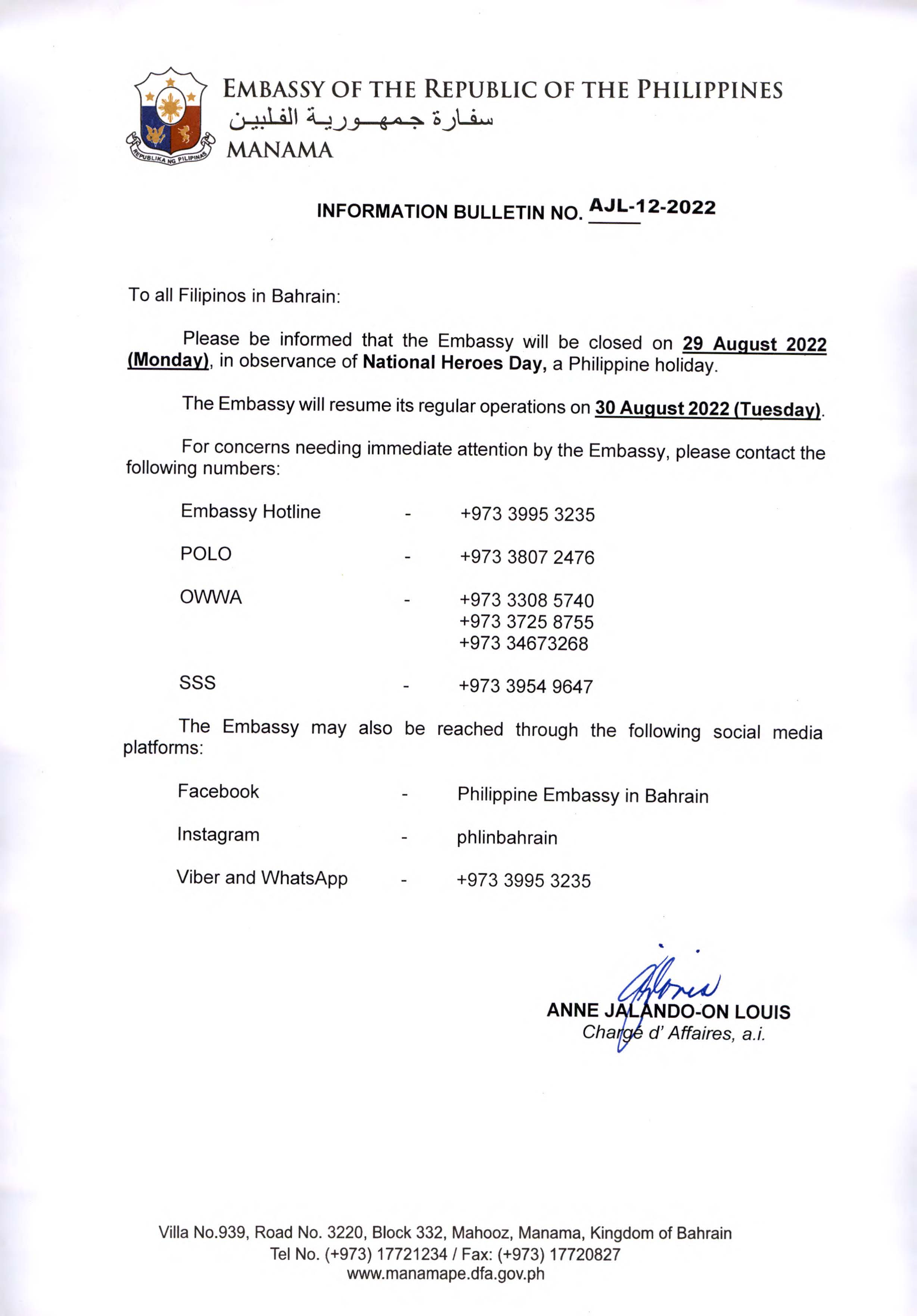 Information Bulletin No. AJL 12 2022 Observance of the National Heroes Day 2022