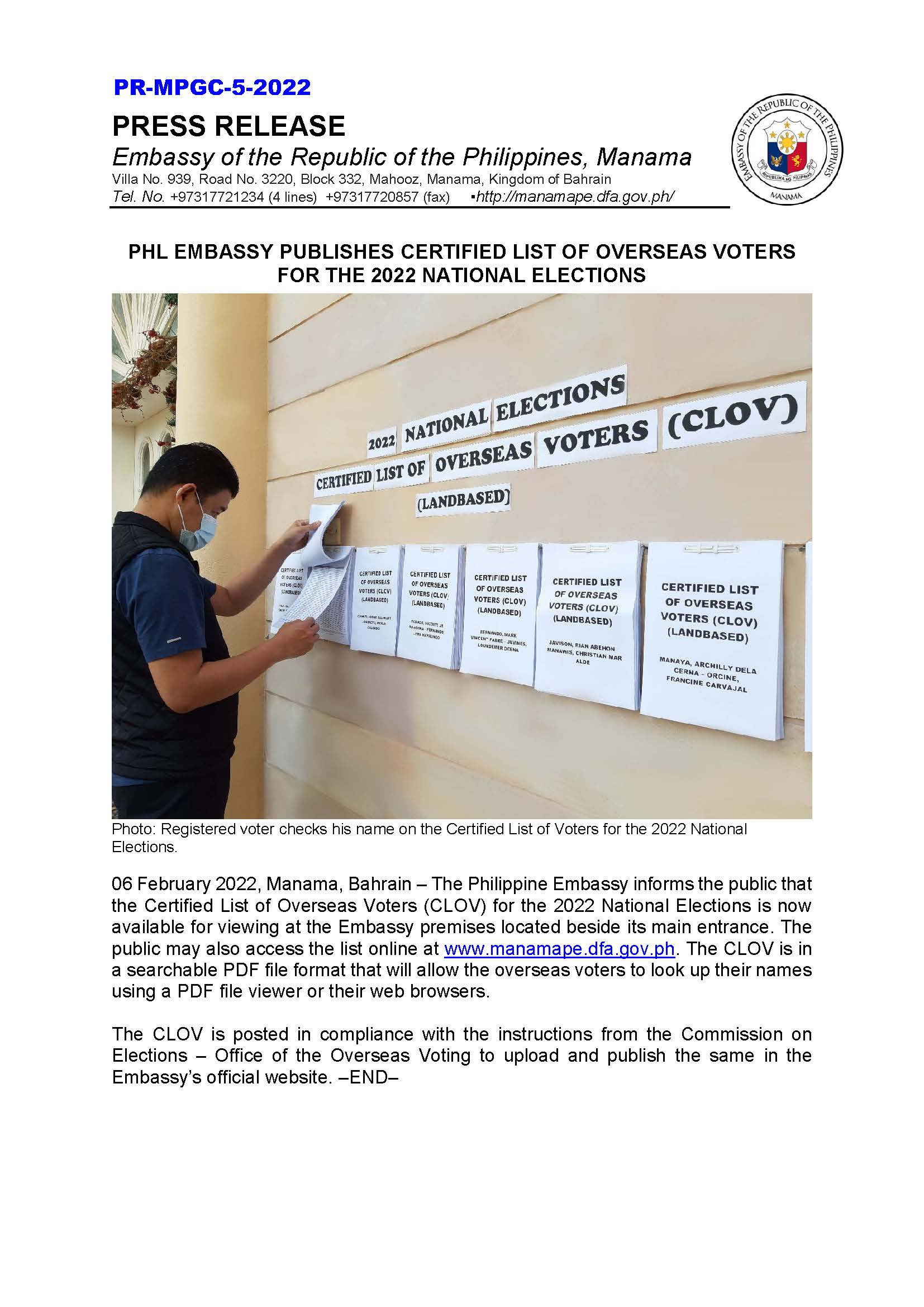 PR MPGC 05 2022 PHL EMBASSY PUBLISHES CERTIFIED LIST OF OVERSEAS VOTERS FOR THE 2022 NATIONAL ELECTIONS