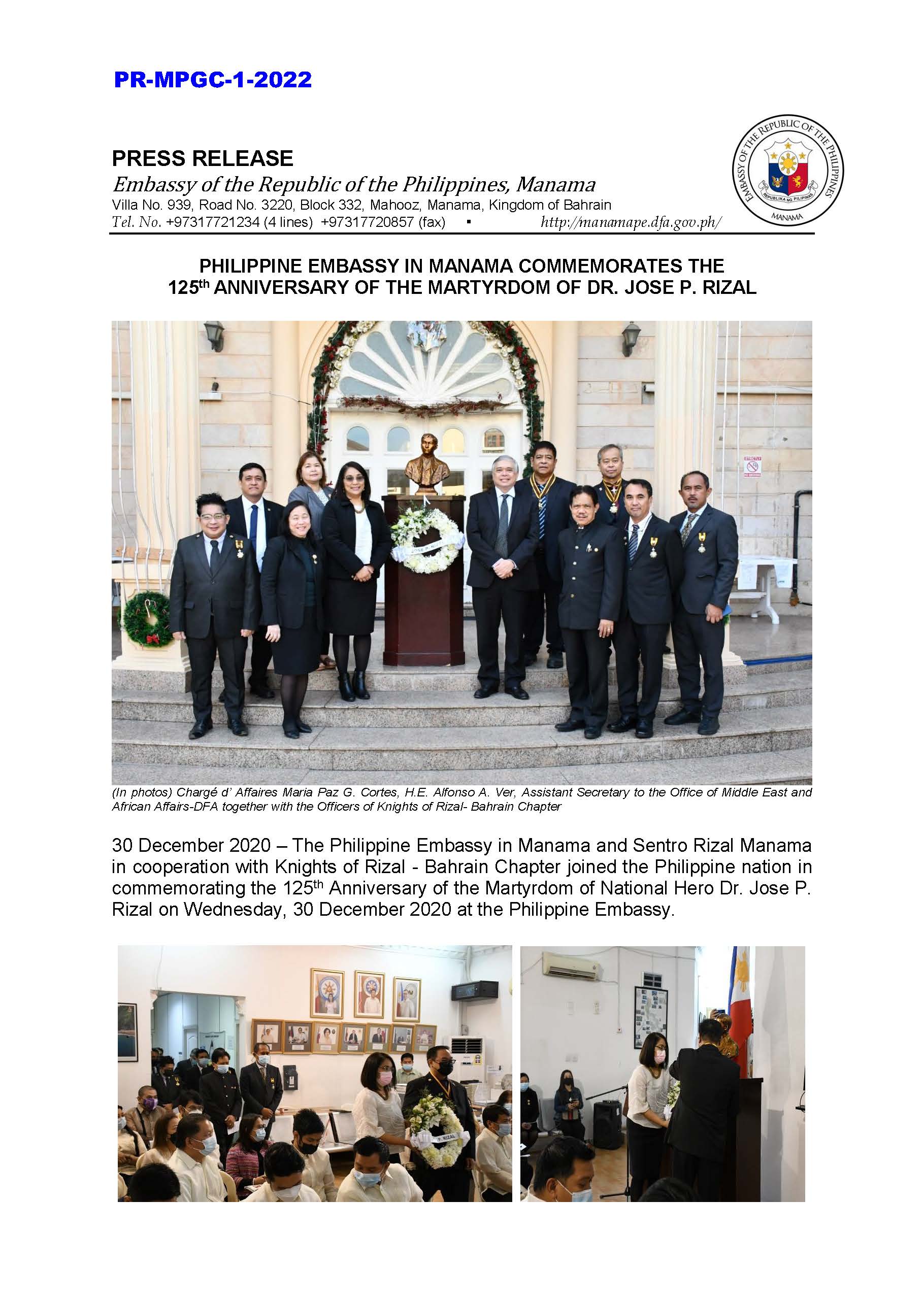 PR MPGC 1 2022 PHILIPPINE EMBASSY IN MANAMA COMMEMORATES THE 125th ANNIVERSARY OF THE MARTYRDOM OF DR. JOSE P. RIZAL Page 1