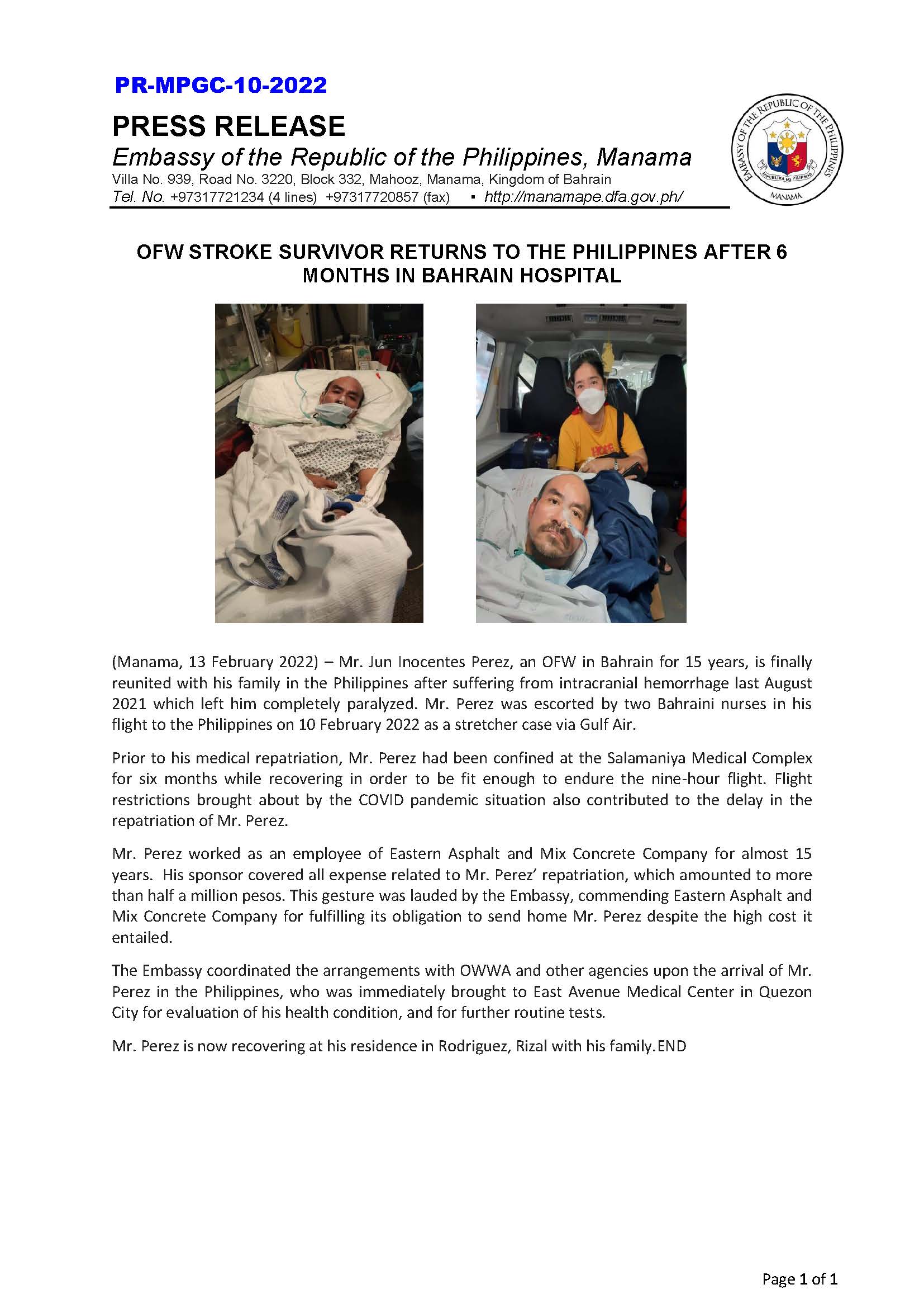 PR MPGC 10 2022 OFW STROKE SURVIVOR RETURNS TO THE PHILIPPINES AFTER 6 MONTHS IN BAHRAIN HOSPITAL