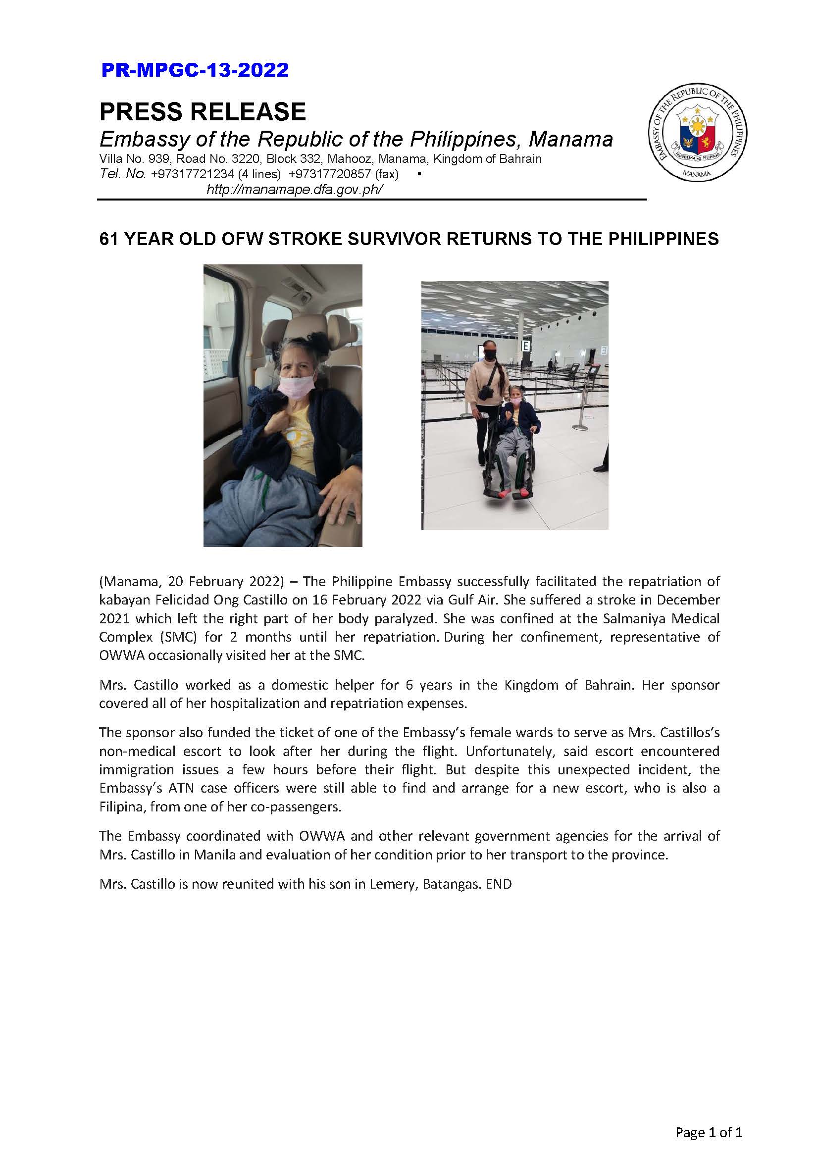 PR MPGC 13 2022 61 YEAR OLD OFW STROKE SURVIVOR RETURNS TO THE PHILIPPINES
