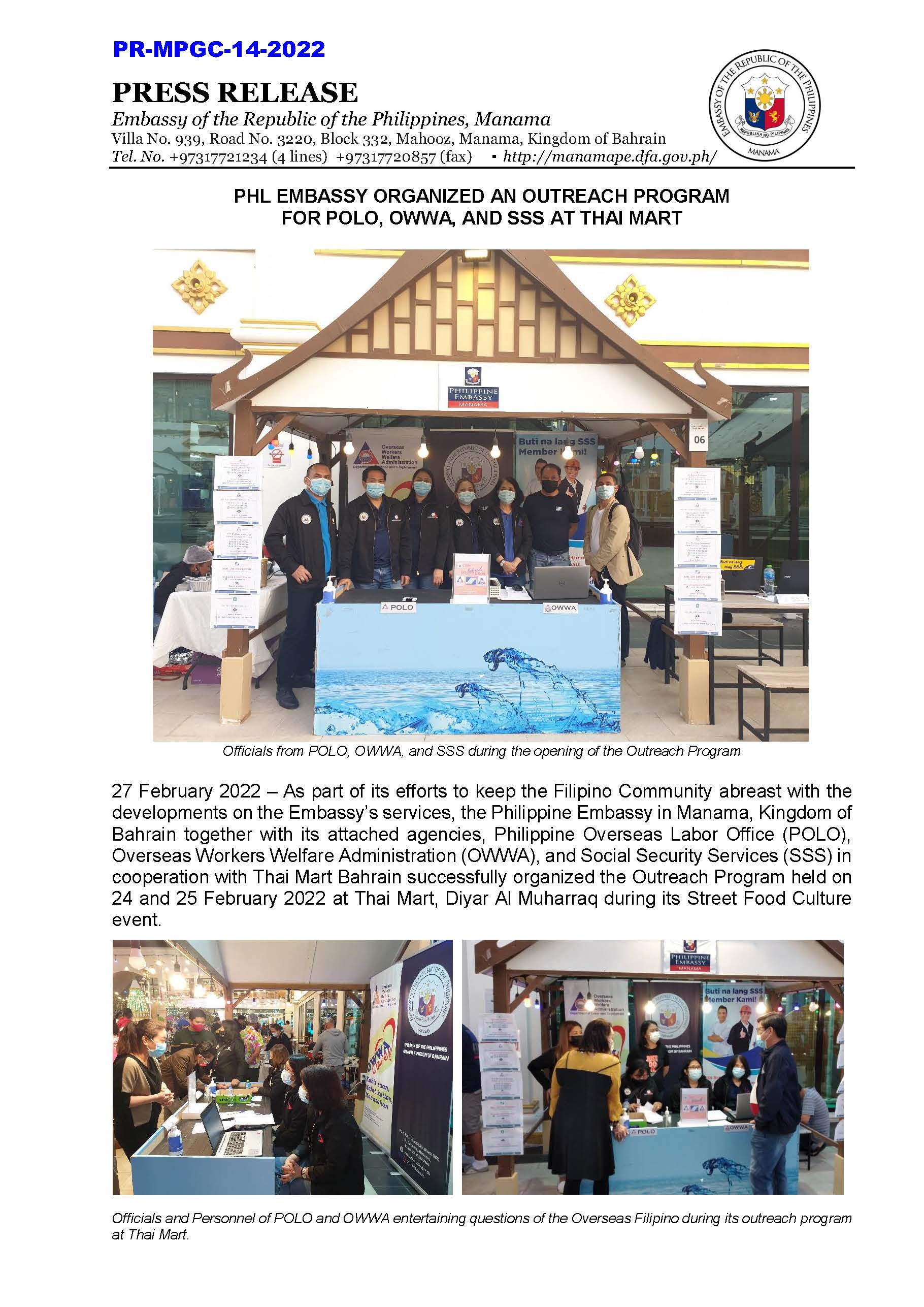 PR MPGC 14 2022 PHL EMBASSY ORGANIZED AN OUTREACH PROGRAM FOR POLO OWWA AND SSS AT THAI MART Page 1