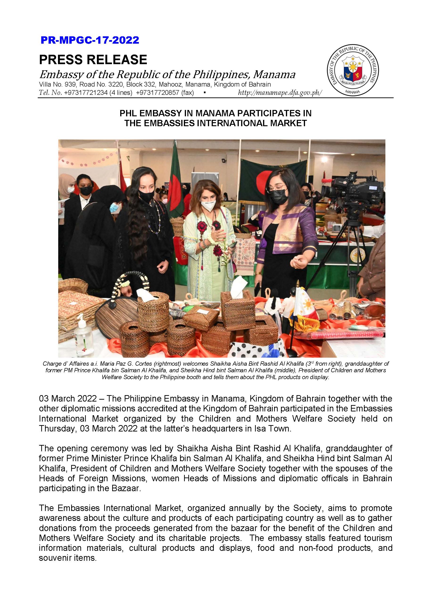 PR MPGC 17 2022 PHL EMBASSY IN MANAMA PARTICIPATES IN THE EMBASSIES INTERNATIONAL MARKET Page 1
