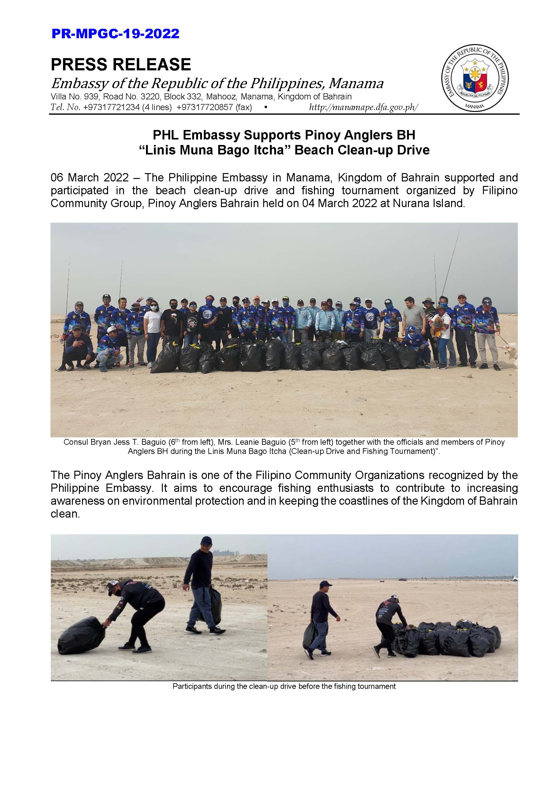 PR MPGC 19 2022 PHL Embassy Supports Pinoy Anglers BH Linis Muna Bago Itcha Beach Clean up Drive Page 1