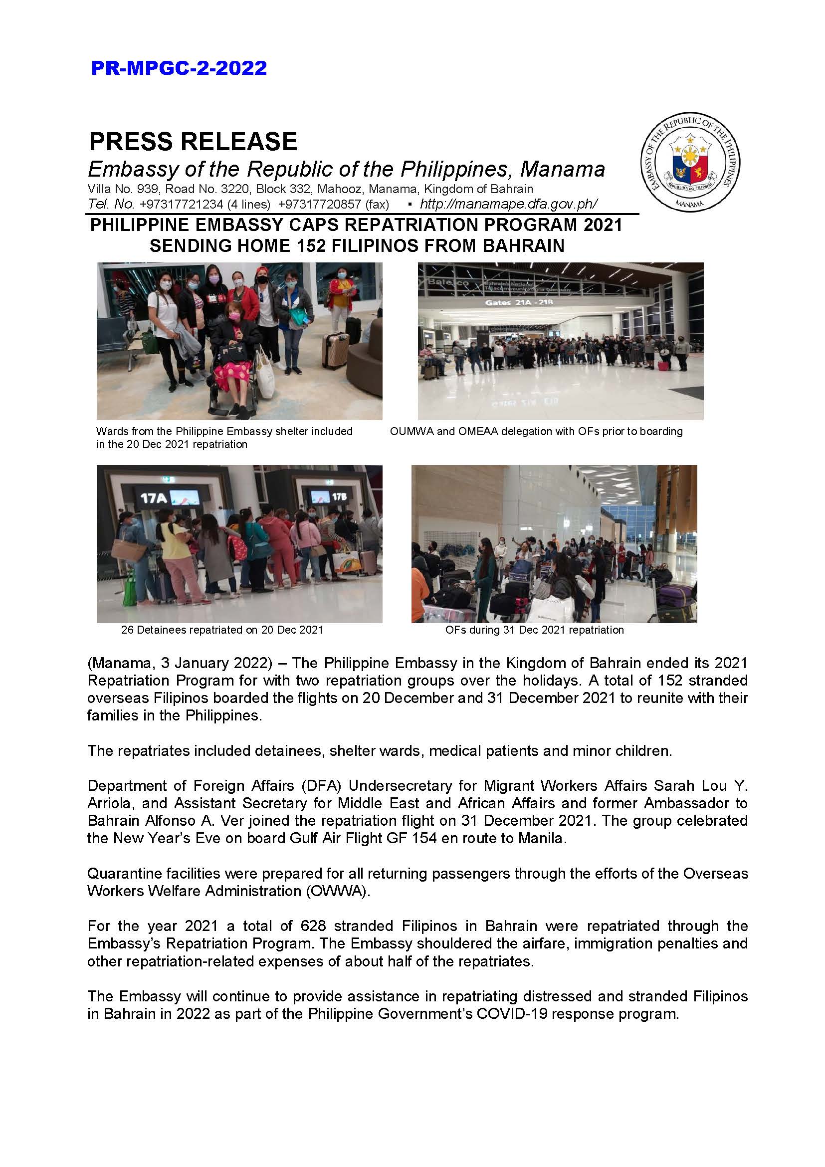 PR MPGC 2 2022 PHILIPPINE EMBASSY CAPS REPATRIATION PROGRAM FOR 2021 BY SENDING HOME 152 FILIPINOS FROM BAHRAIN