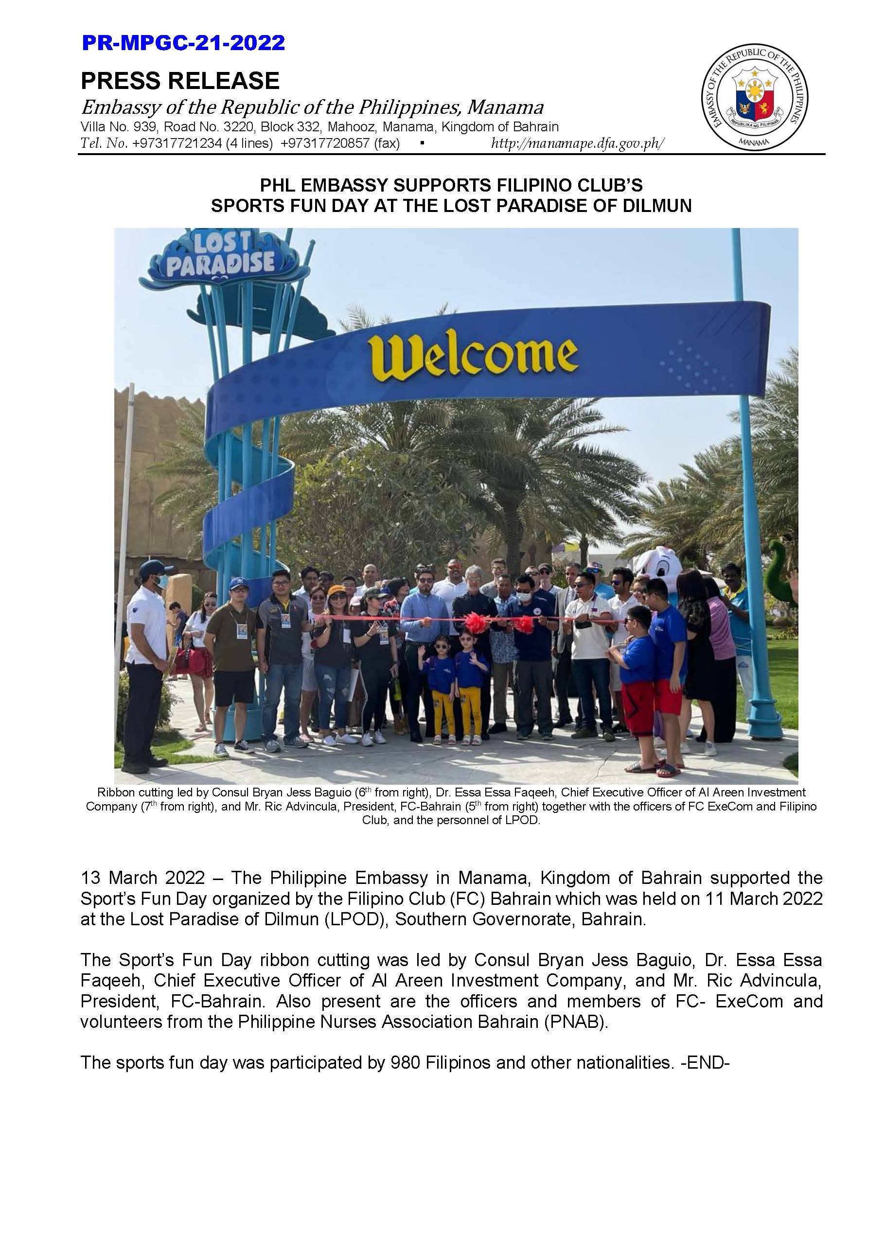 PR MPGC 21 2022 PHL EMBASSY SUPPORTS FILIPINO CLUBS SPORTS FUN DAY AT THE LOST PARADISE OF DILMUN Page 1