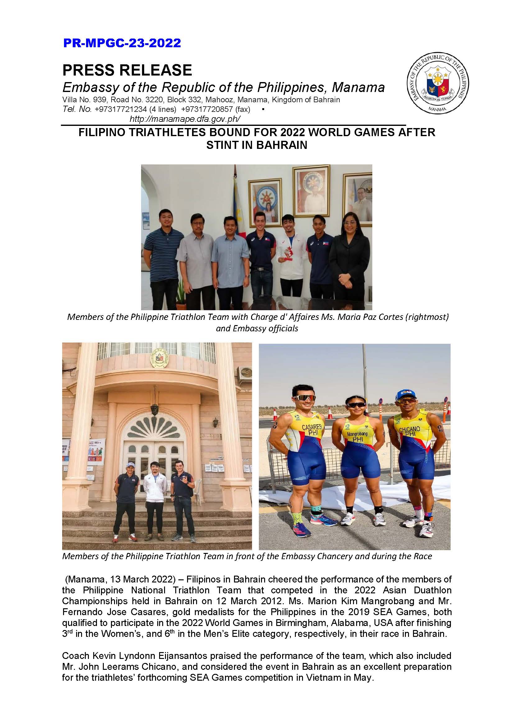 PR MPGC 23 2022 FILIPINO TRIATHLETES BOUND FOR 2022 WORLD GAMES AFTER STINT IN BAHRAIN Page 1