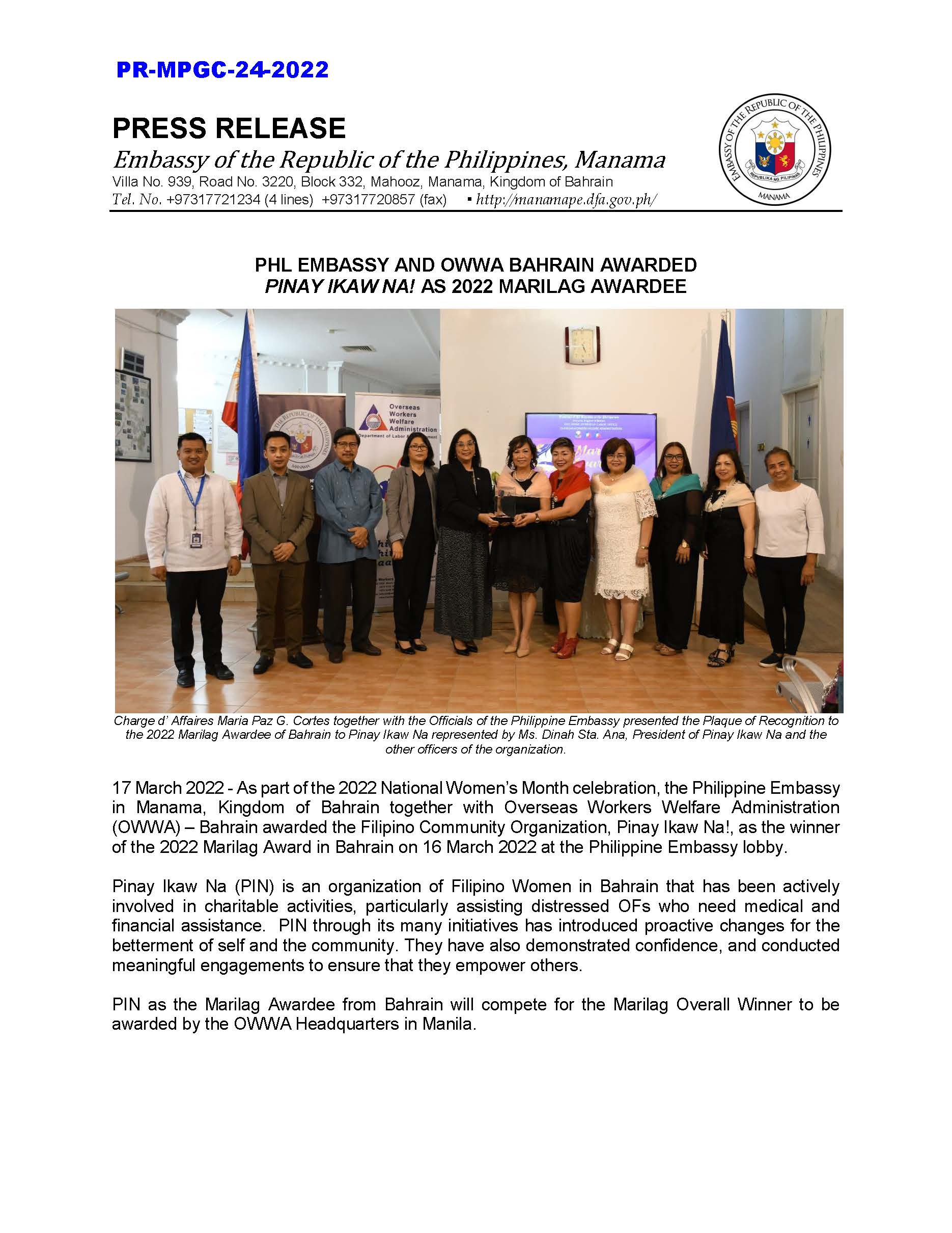 PR MPGC 24 2022 PHL EMBASSY AND OWWA BAHRAIN AWARDED Page 1