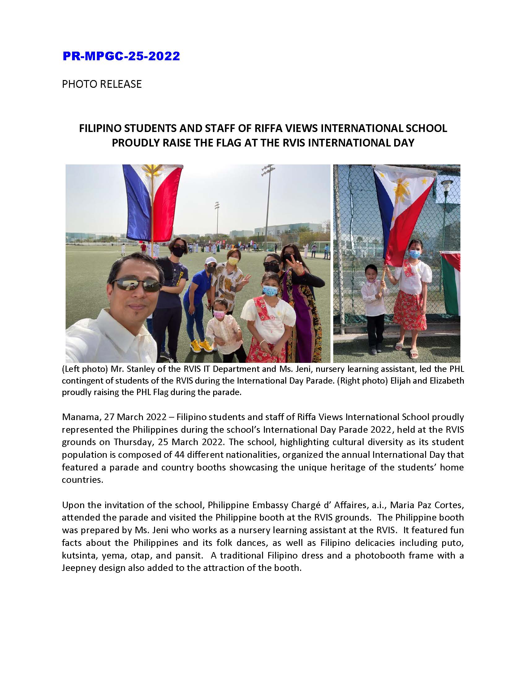 PR MPGC 25 2022 FILIPINO STUDENTS AND STAFF OF RIFFA VIEWS INTERNATIONAL SCHOOL PROUDLY RAISE THE FLAG AT THE RVIS INTERNATIONAL DAY Page 1