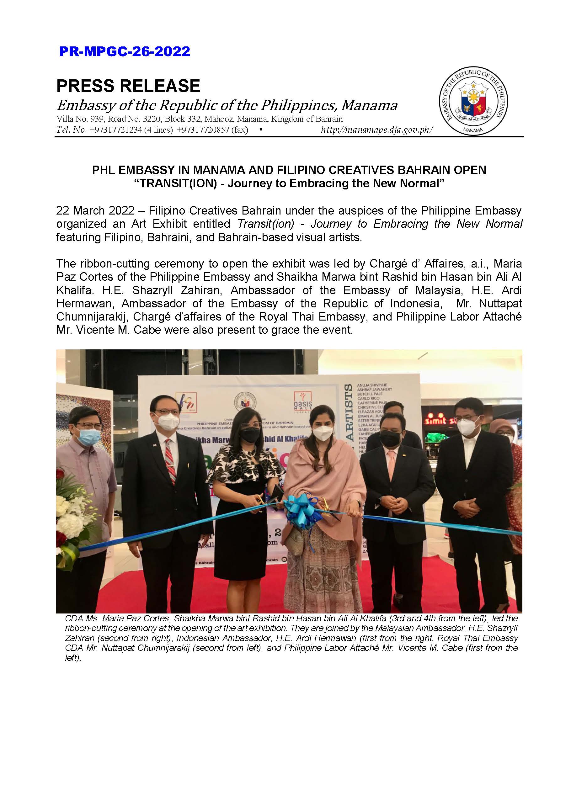 PR MPGC 26 2022 PHL EMBASSY IN MANAMA AND FILIPINO CREATIVES BAHRAIN OPEN TRANSITION Journey to Embracing the New Normal Page 1