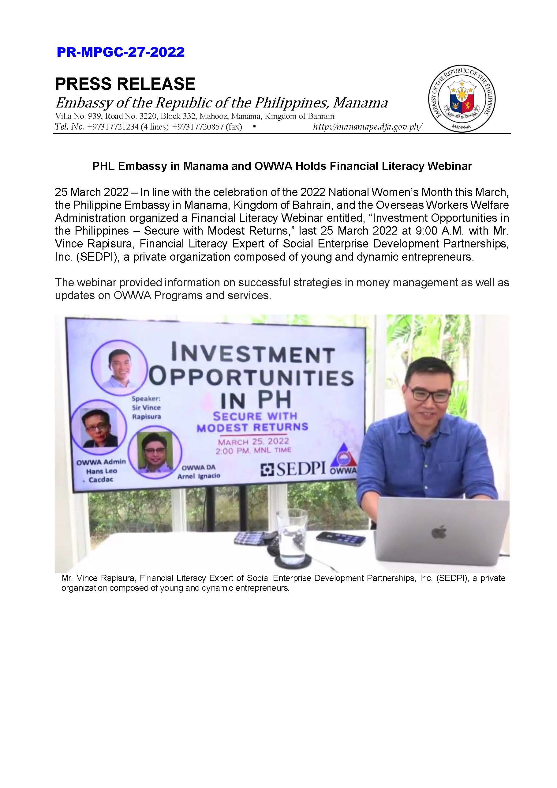 PR MPGC 27 2022 PHL Embassy in Manama and OWWA Holds Financial Literacy Webinar Page 1