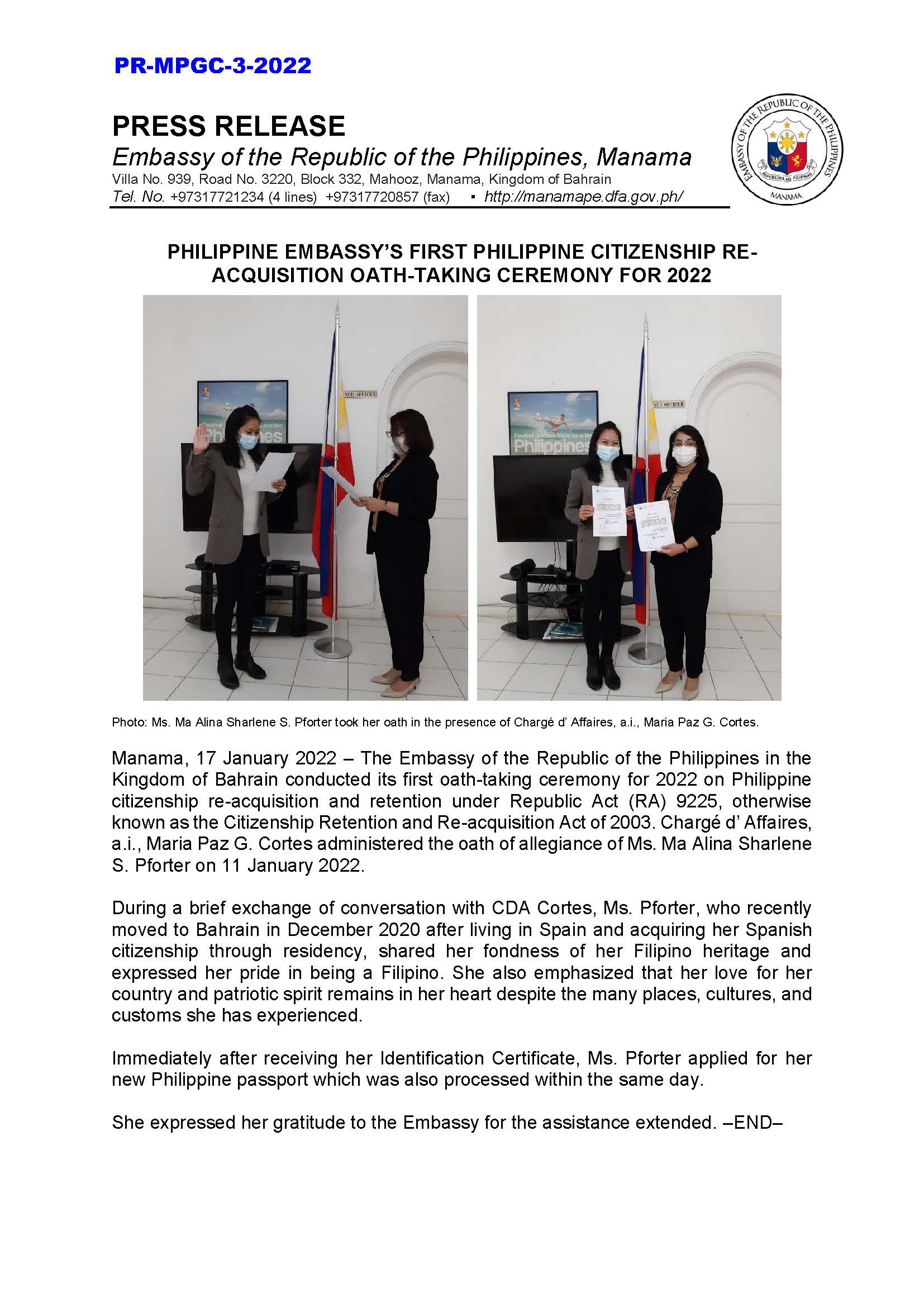 PR MPGC 3 2022 PHILIPPINE EMBASSYS FIRST PHILIPPINE CITIZENSHIP RE ACQUISITION OATH TAKING CEREMONY FOR 2022
