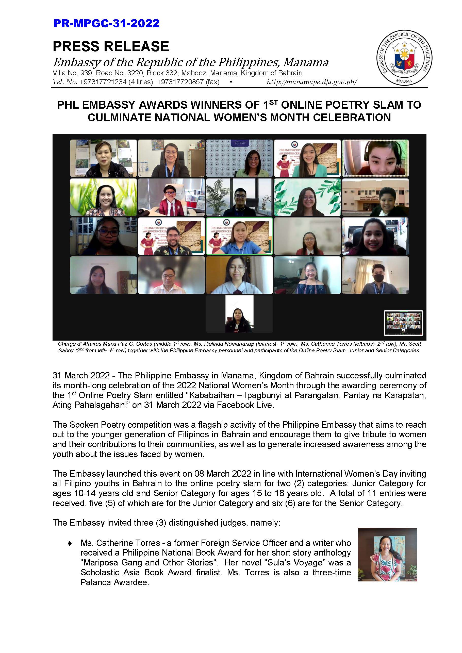 PR MPGC 31 2022 PHL EMBASSY AWARDS WINNERS OF 1ST ONLINE POETRY SLAM TO CULMINATE NATIONAL WOMENS MONTH CELEBRATION Page 1