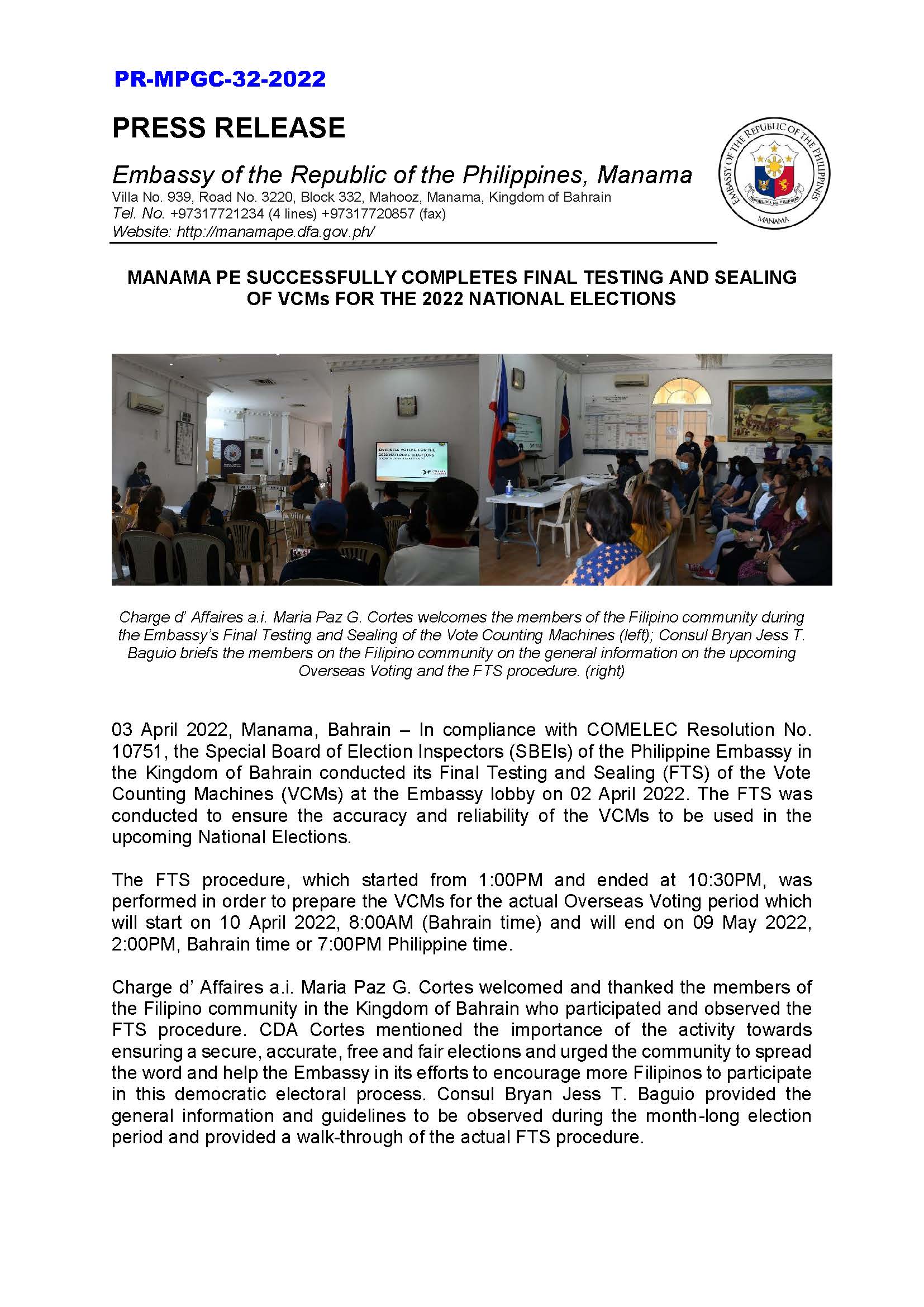 PR MPGC 32 2022 MANAMA PE SUCCESSFULLY COMPLETES FINAL TESTING AND SEALING OF VCMs FOR THE 2022 NATIONAL ELECTIONS Page 1