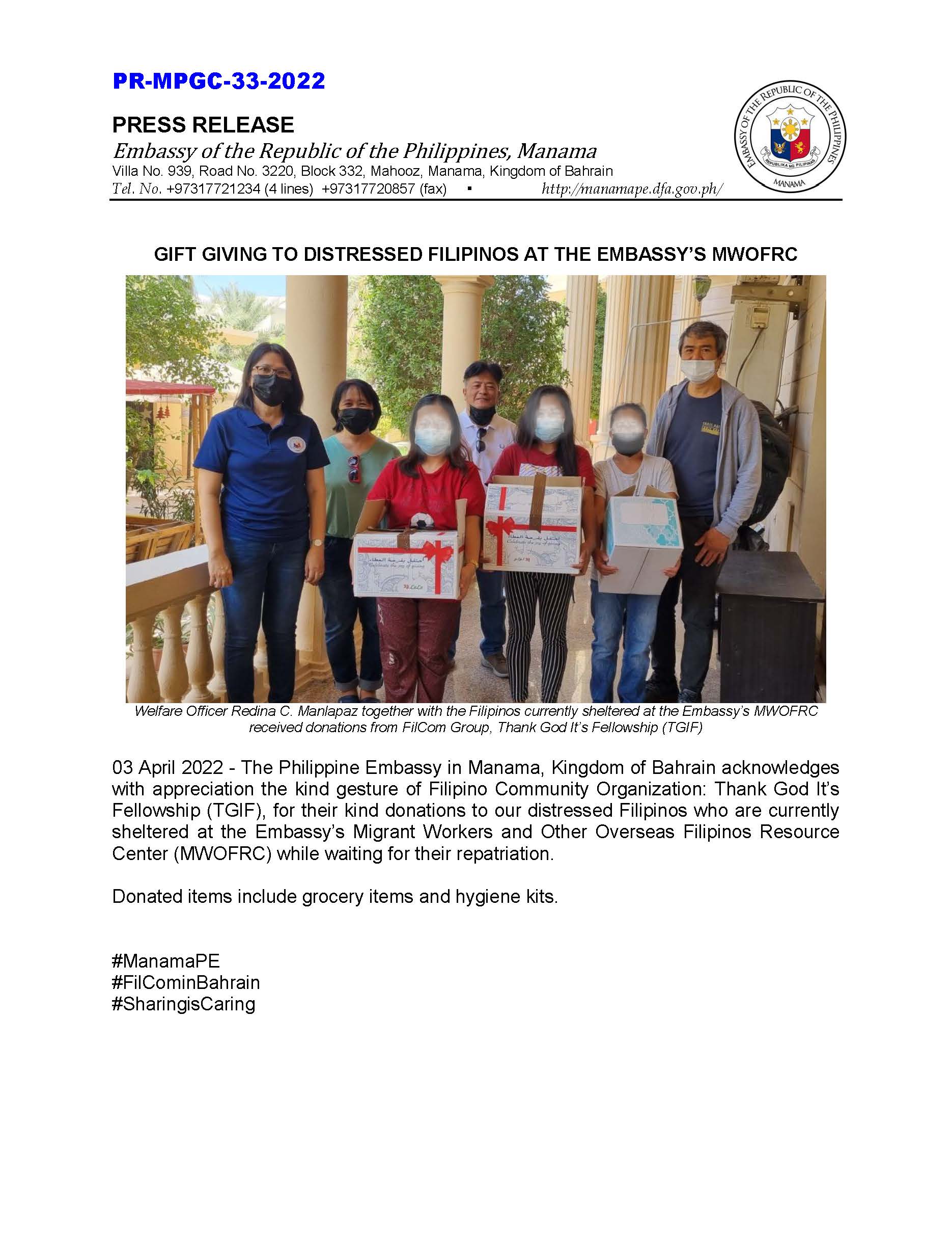 PR MPGC 33 2022 GIFT GIVING TO DISTRESSED FILIPINOS AT THE EMBASSYS MWOFRC