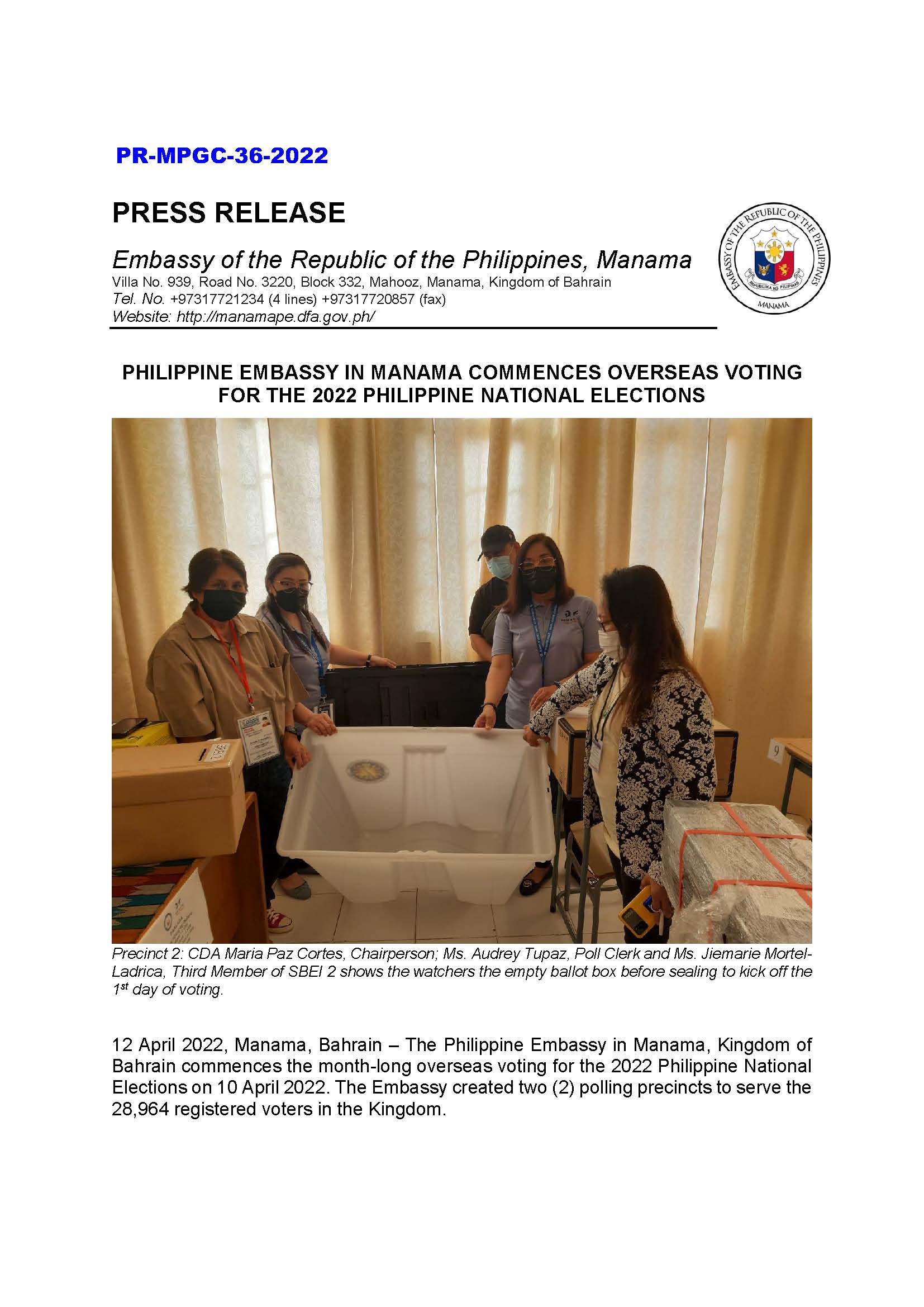 PR MPGC 36 2022 PHILIPPINE EMBASSY IN MANAMA COMMENCES OVERSEAS VOTING FOR THE 2022 PHILIPPINE NATIONAL ELECTION Page 1