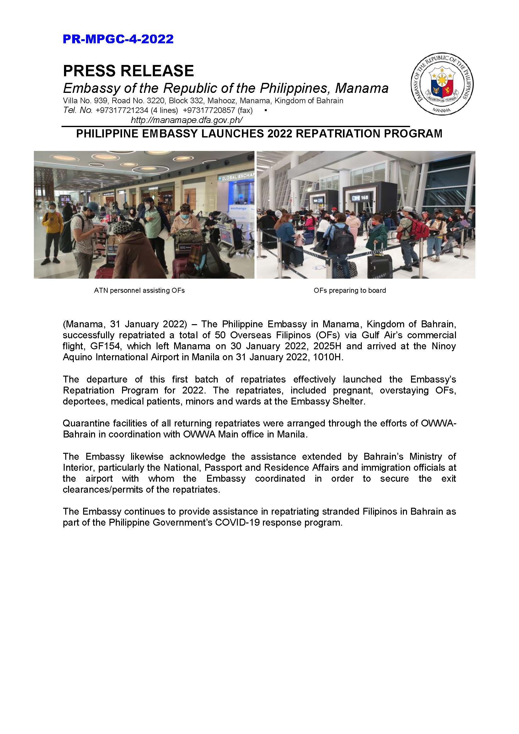 PR MPGC 4 2022 PHILIPPINE EMBASSY LAUNCHES 2022 REPATRIATION PROGRAM