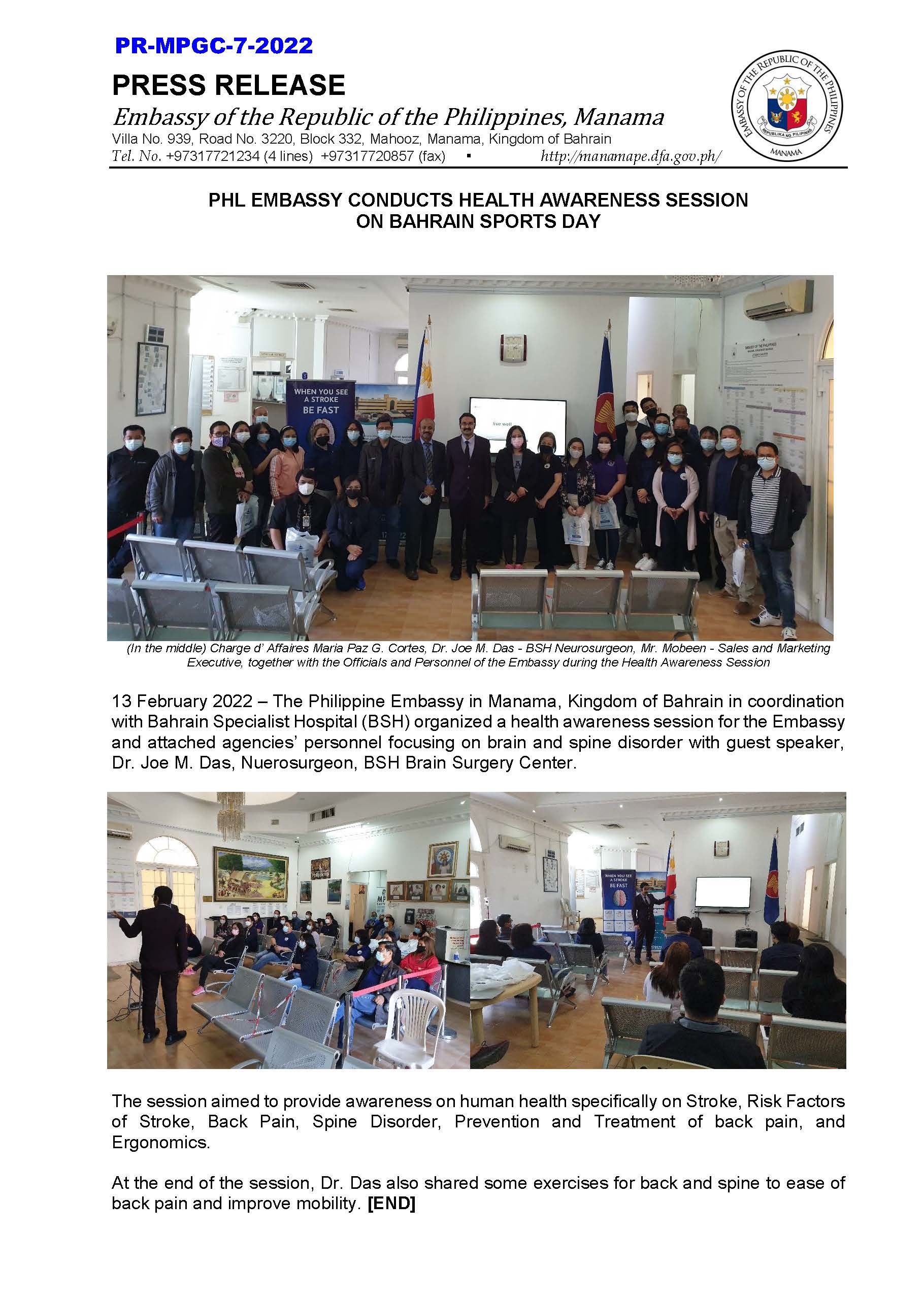 PR MPGC 7 2022 PHL EMBASSY CONDUCTS HEALTH AWARENESS SESSION ON BAHRAIN SPORTS DAY