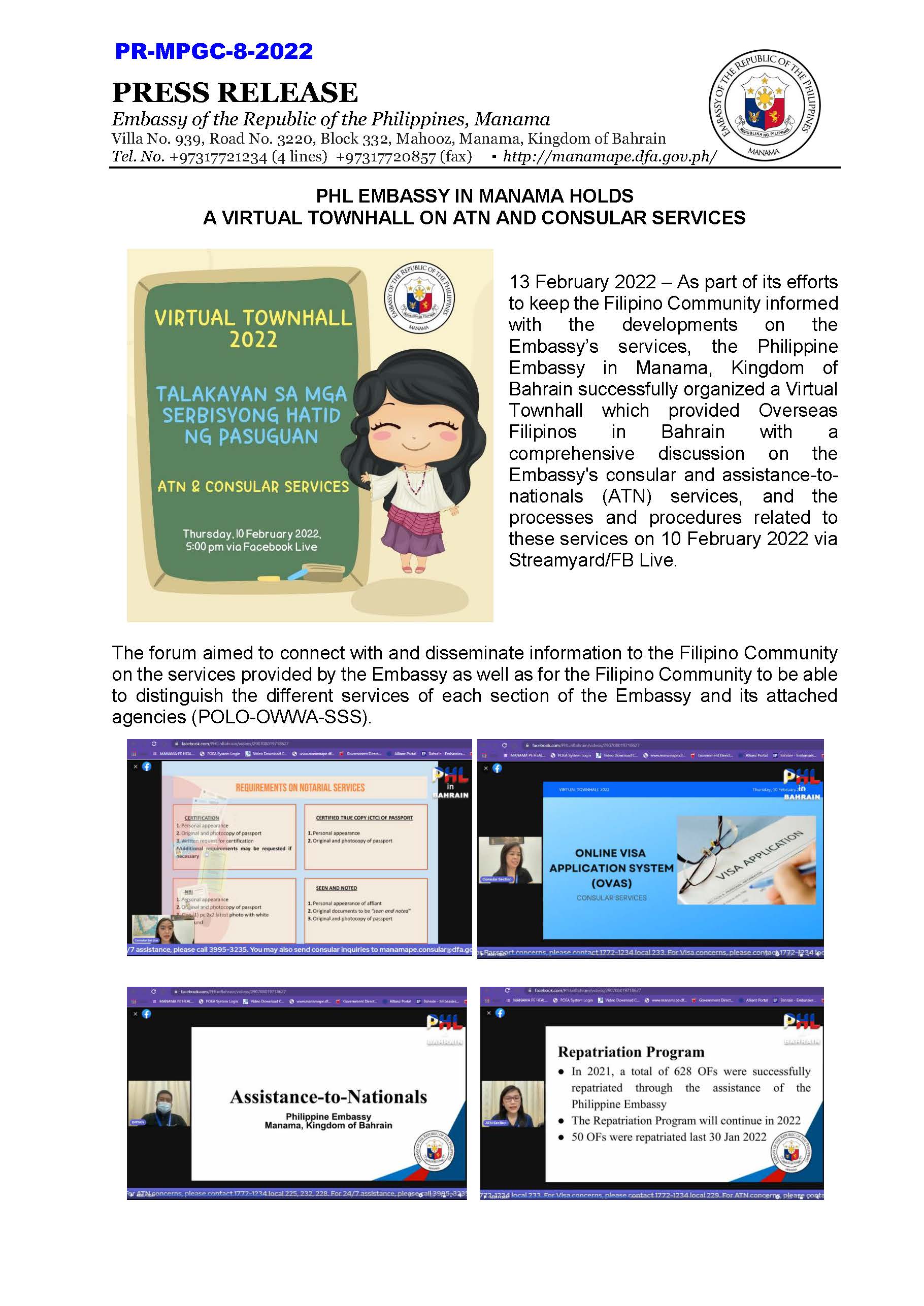 PR MPGC 8 2022 PHL EMBASSY IN MANAMA HOLDS A VIRTUAL TOWNHALL ON ATN AND CONSULAR SERVICES Page 1
