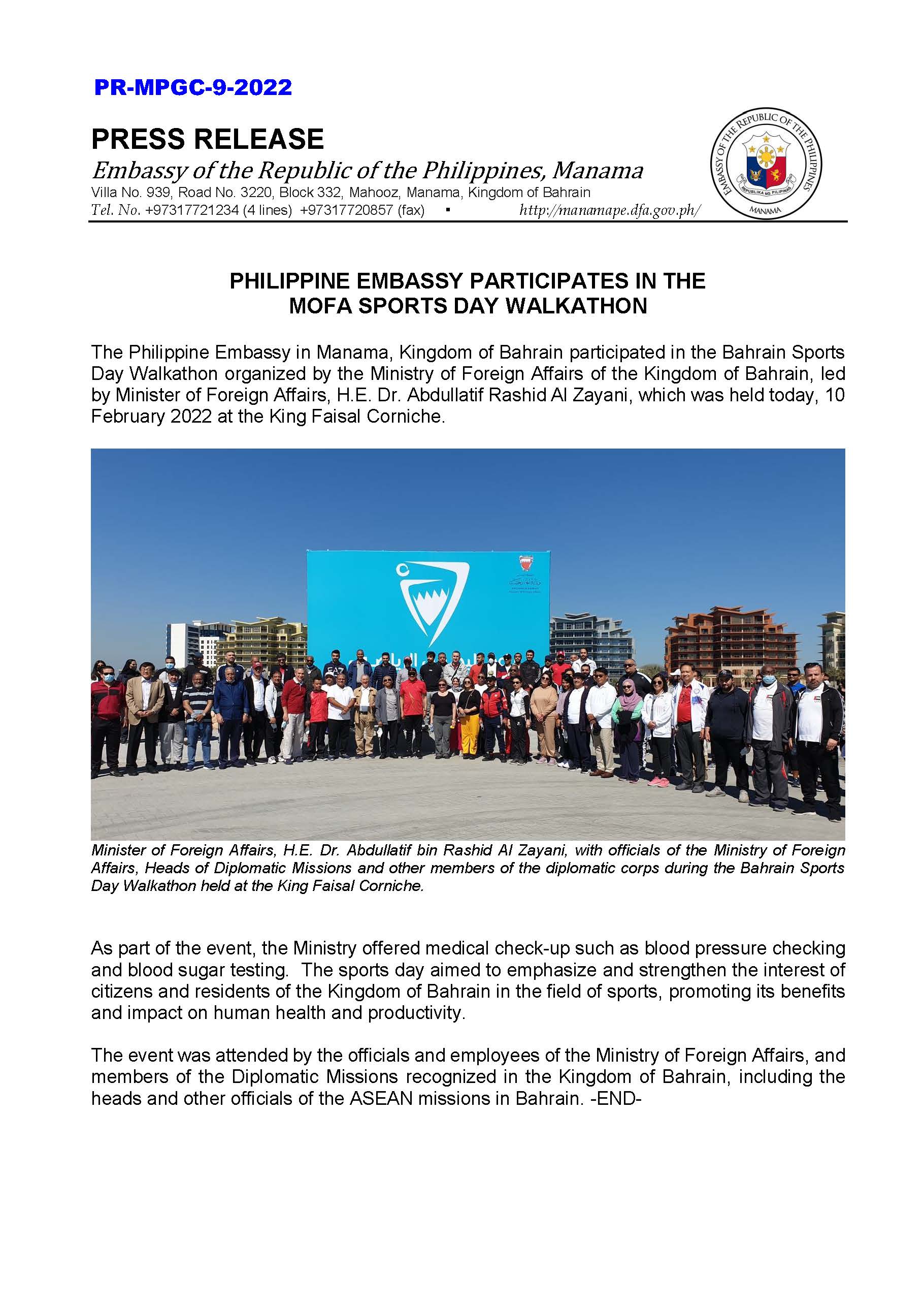 PR MPGC 9 2022 PHILIPPINE EMBASSY PARTICIPATES IN THE MOFA SPORTS DAY WALKATHON Page 1