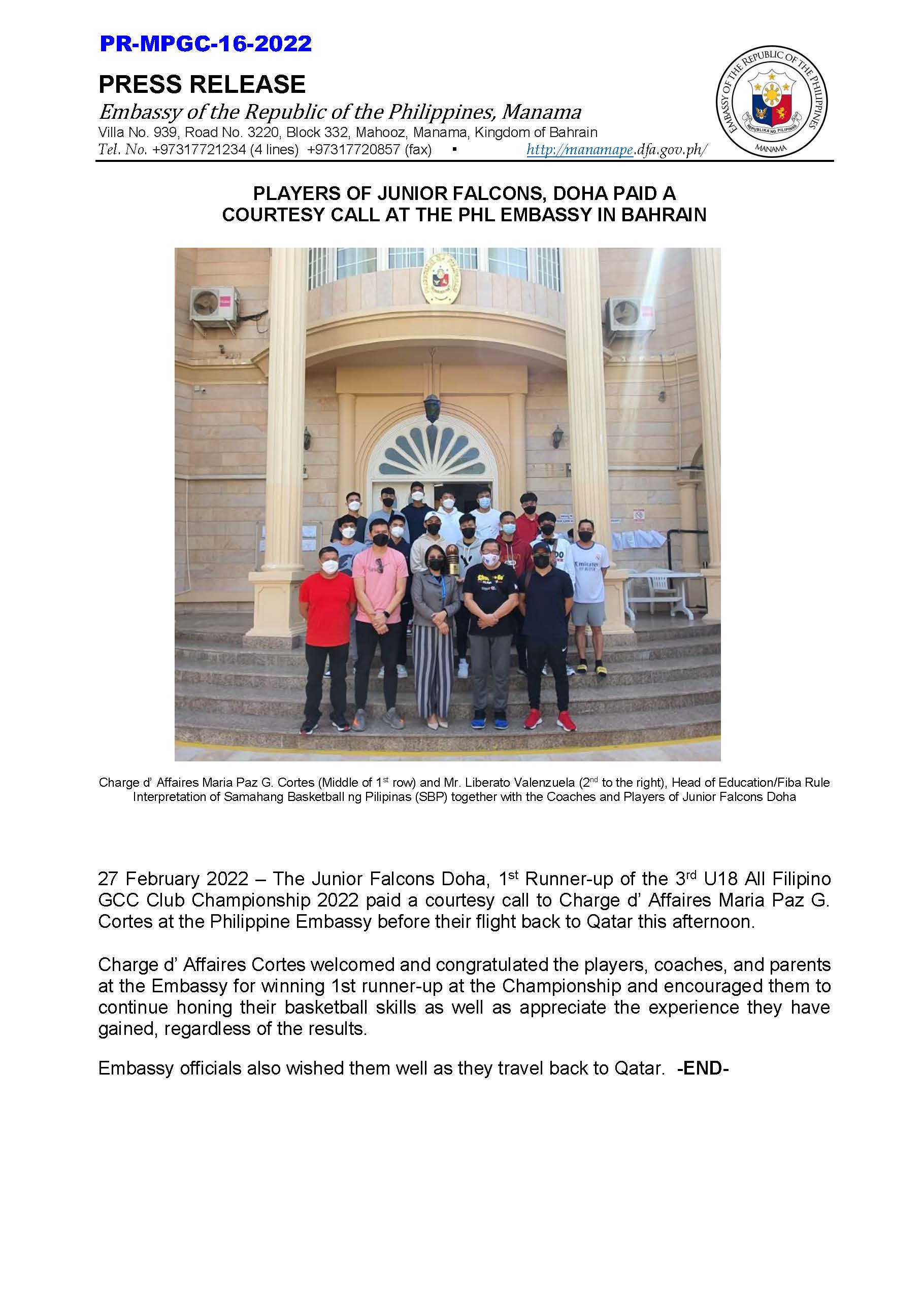 PR MPGC 16 2022 PLAYERS OF JUNIOR FALCONS DOHA PAID A COURTESY CALL AT THE PHL EMBASSY IN BAHRAIN