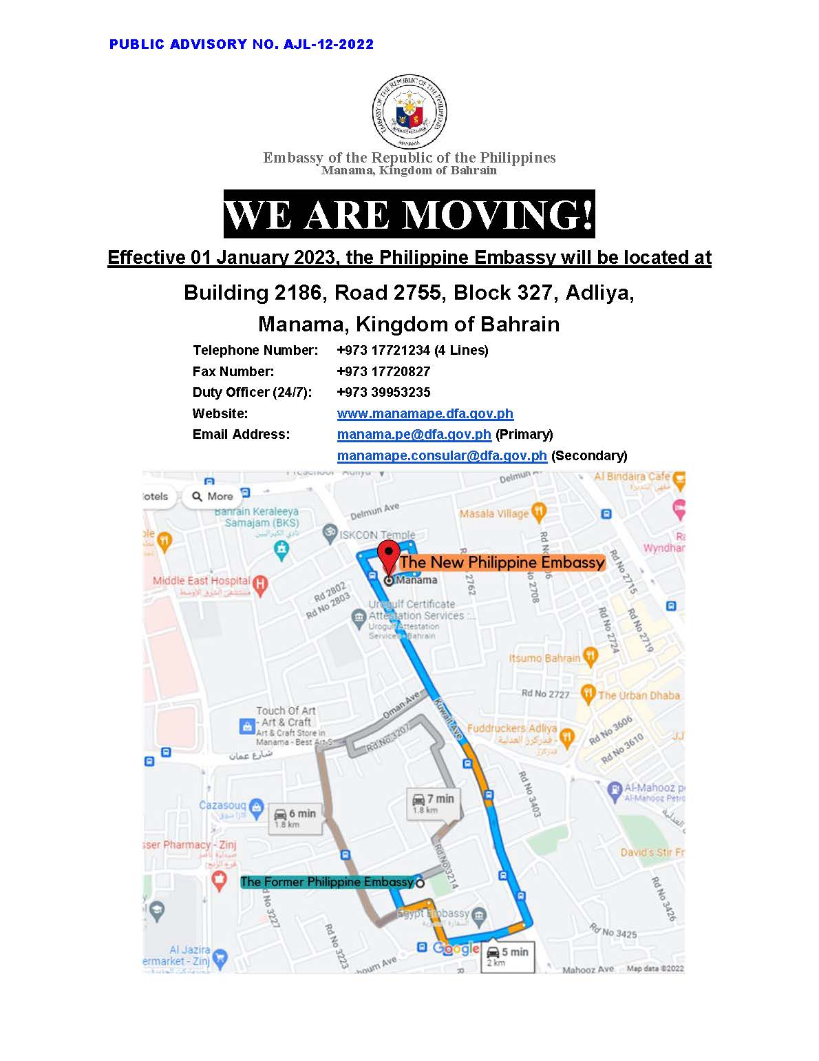 ADVISORY NO. AJL 12 2022 LOCATION AND MAP OF THE NEW ADDRESS OF THE PHILIPPINE EMBASSY Page 1