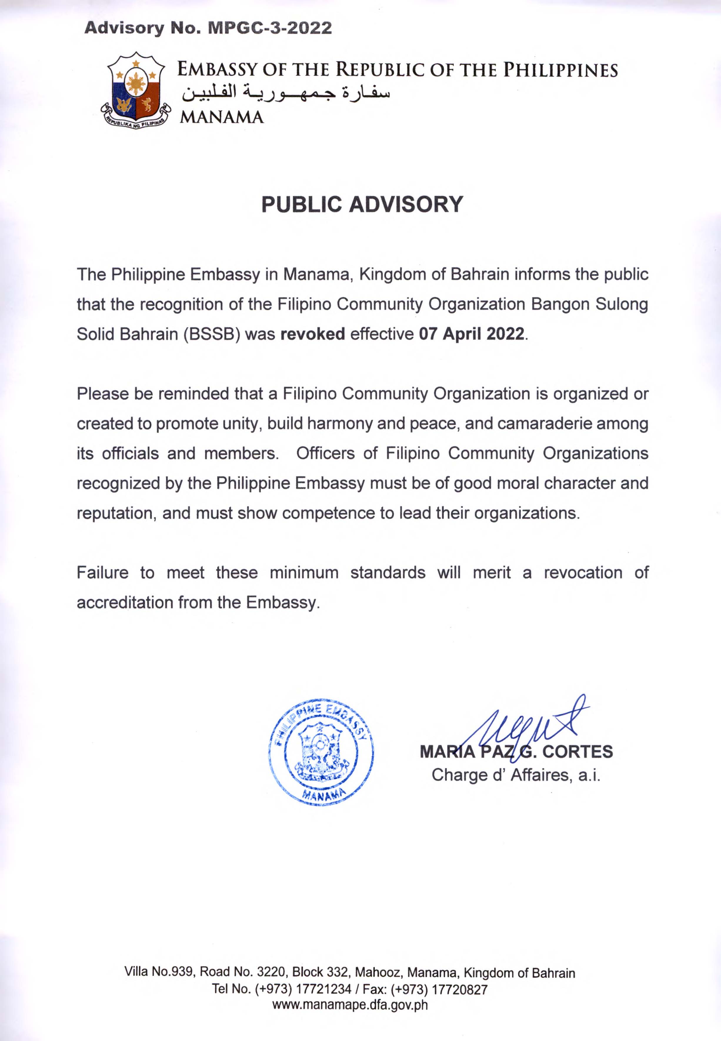 ADVISORY NO. MPGC 3 2022 REVOCATION OF THE RECOGNITION OF THE FILIPINO COMMUNITY ORGANIZATION BANGON SULONG SOLID BAHRAIN BSSB