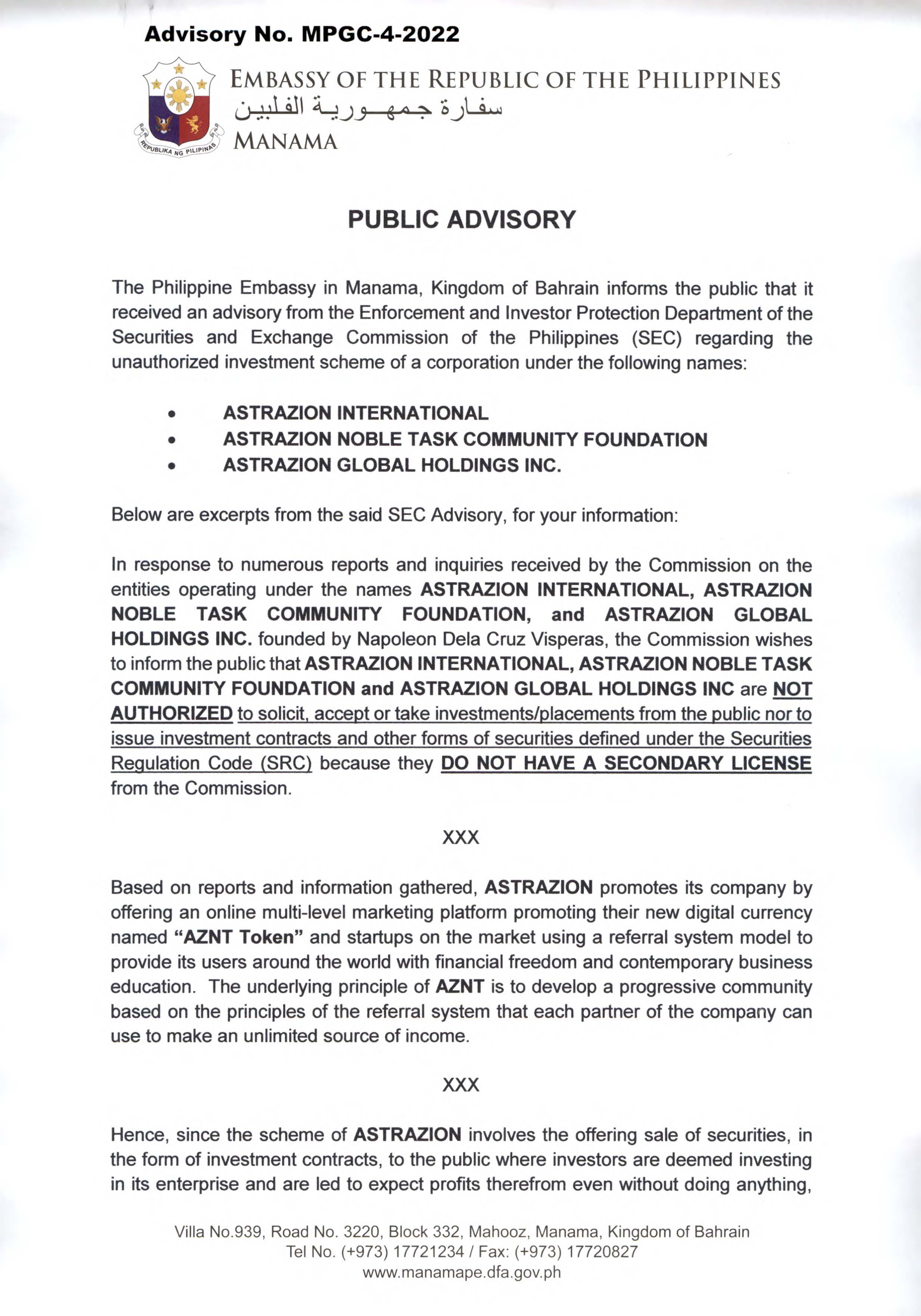 ADVISORY NO. MPGC 4 2022 ADVISORY FROM EIPDC AND SEC REGARDING THE UNAUTHORIZED INVESTMENT SCHEME OF AZTRACION INTERNATIONAL Page 1