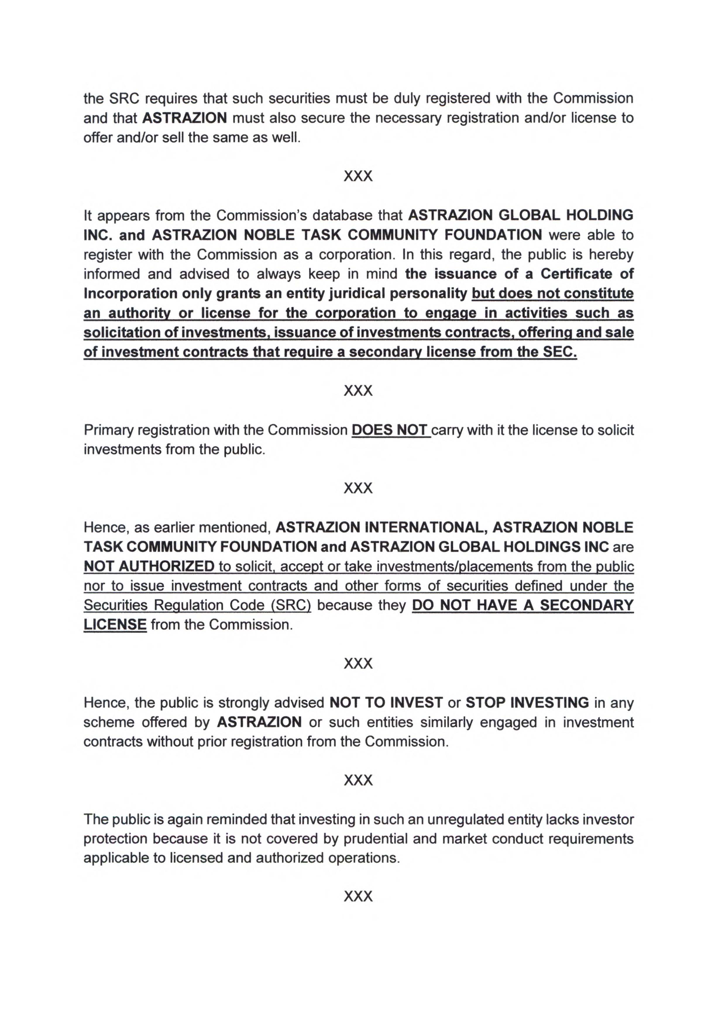 ADVISORY NO. MPGC 4 2022 ADVISORY FROM EIPDC AND SEC REGARDING THE UNAUTHORIZED INVESTMENT SCHEME OF AZTRACION INTERNATIONAL Page 2