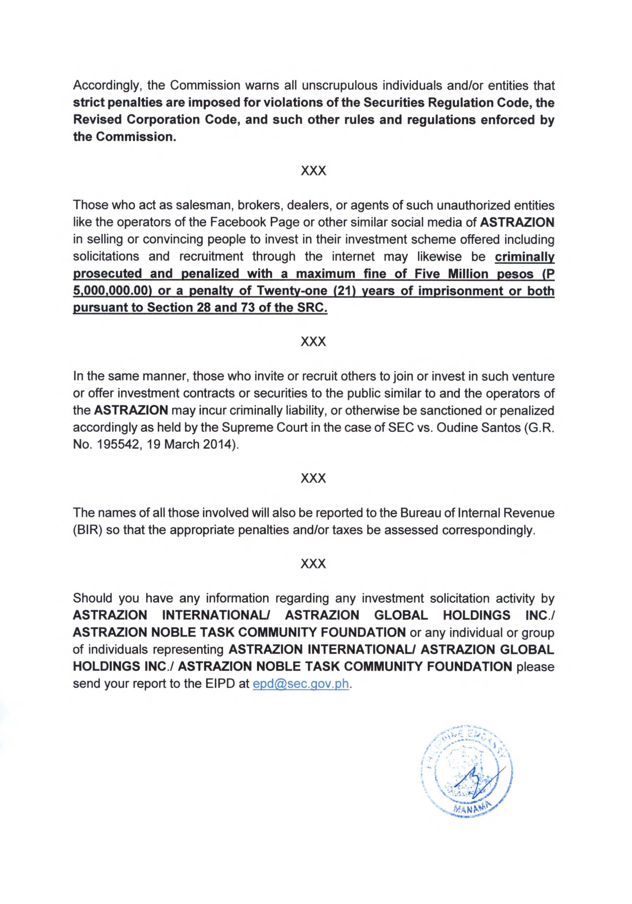 ADVISORY NO. MPGC 4 2022 ADVISORY FROM EIPDC AND SEC REGARDING THE UNAUTHORIZED INVESTMENT SCHEME OF AZTRACION INTERNATIONAL Page 3