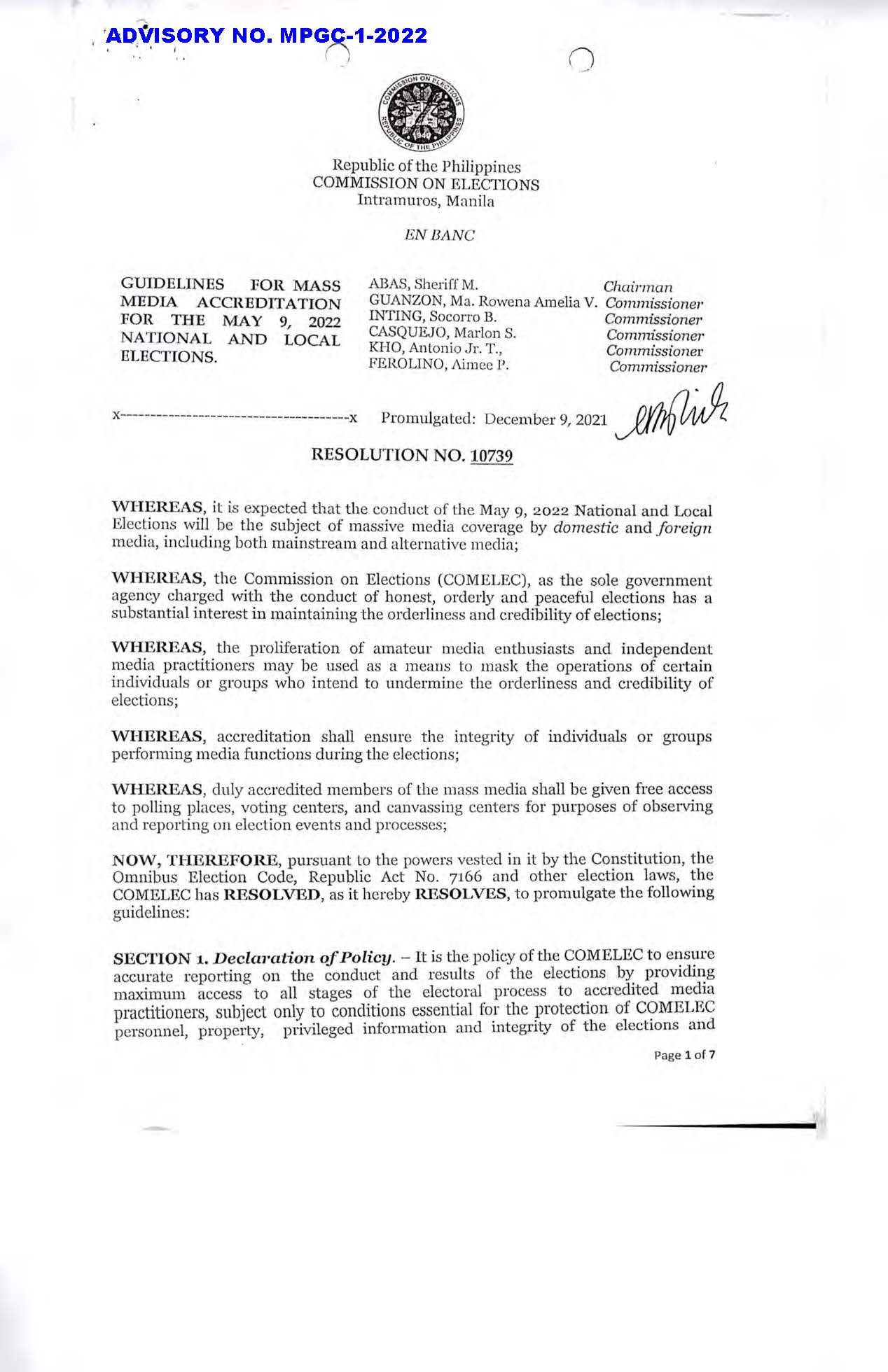Guidelines for Accreditation of Mass Media Election Observers COMELEC Resolutions No. 10739 and 10740