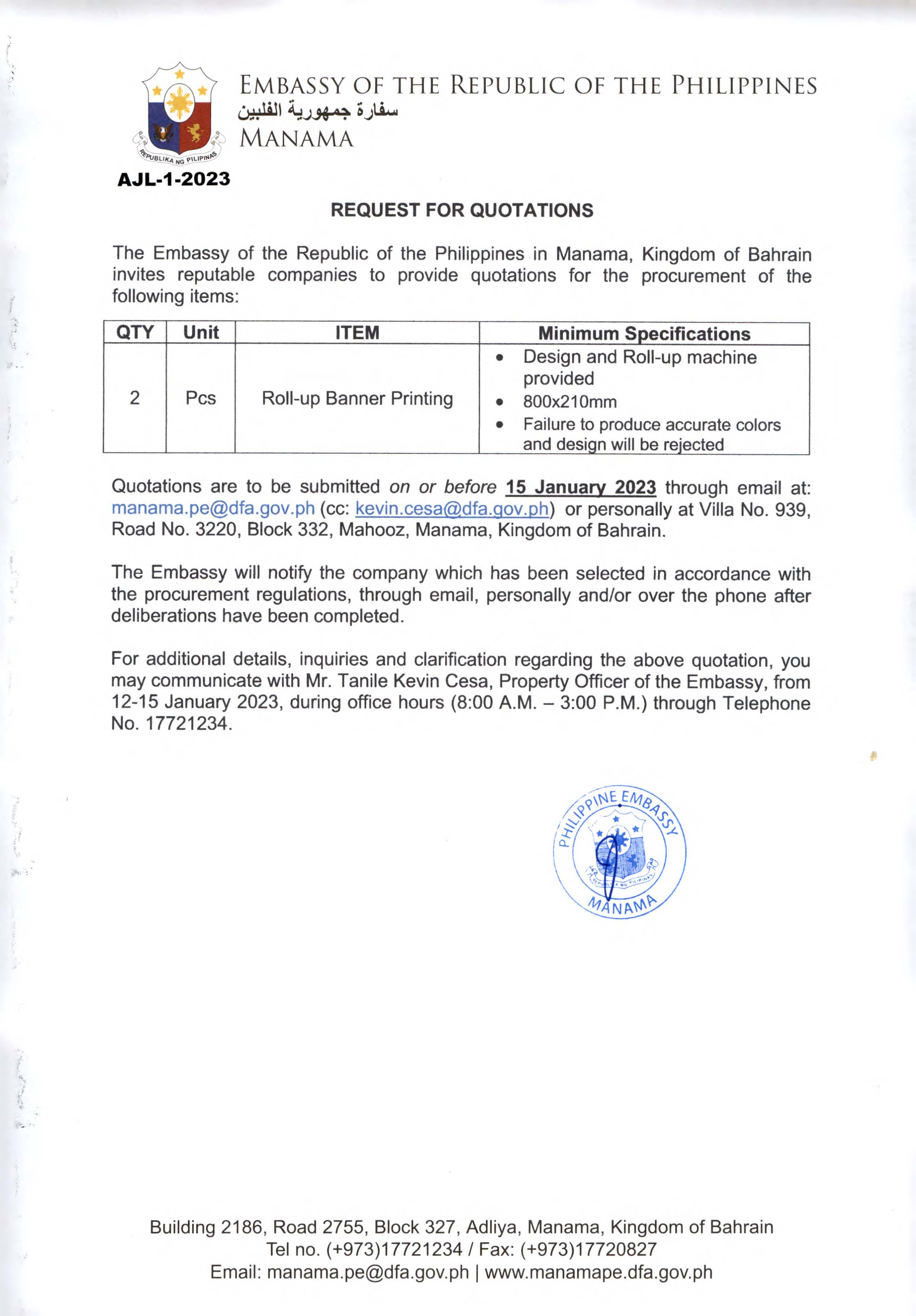 AJL 1 2023 Request for Quotations for the Procurement of 2 pcs of Roll up Banner Printing
