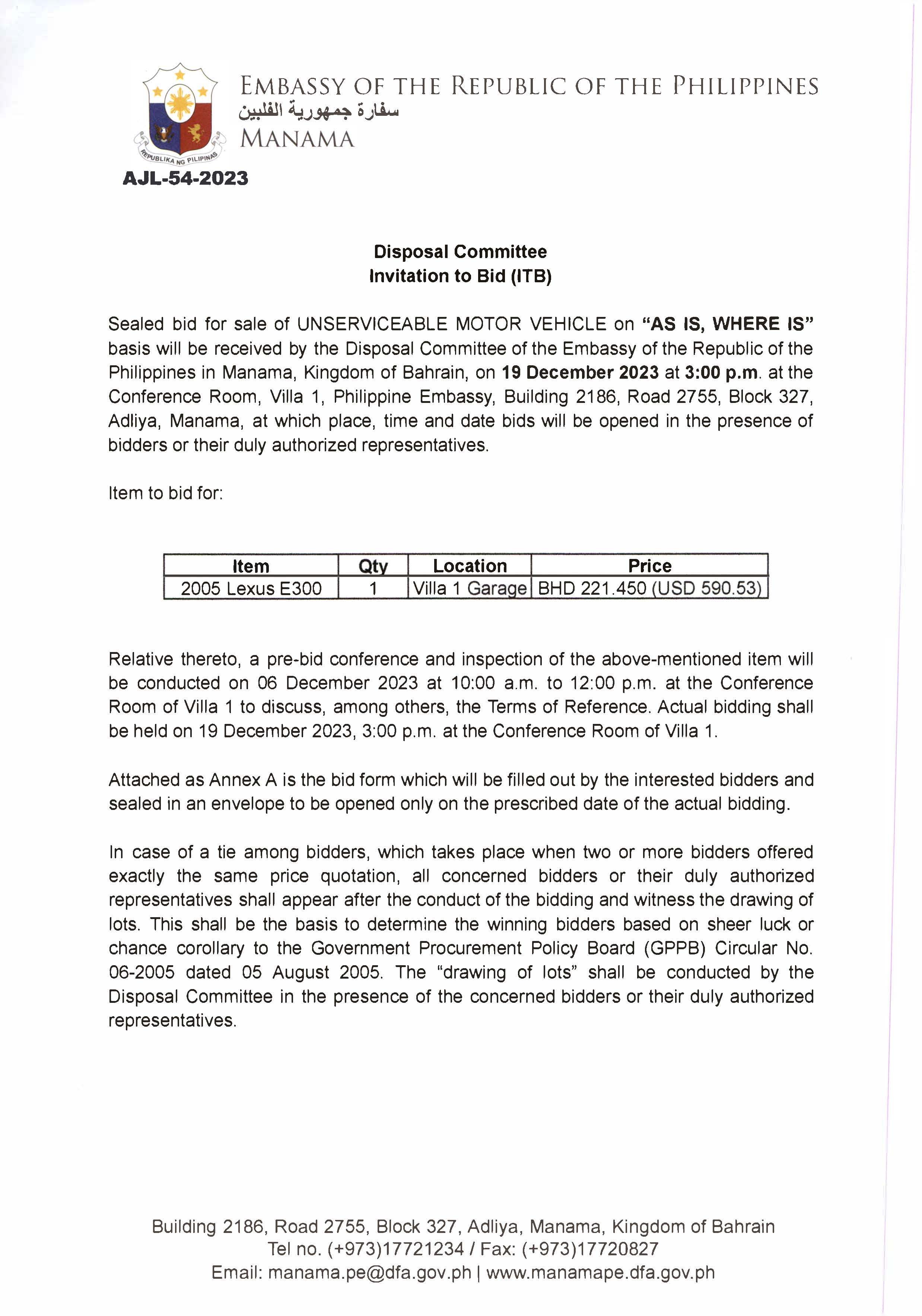 AJL 54 2023 Invitation to Bid for the Sale of Unserviceable Motor Vehicle of the Embassy on 19 December 2023 Page 1