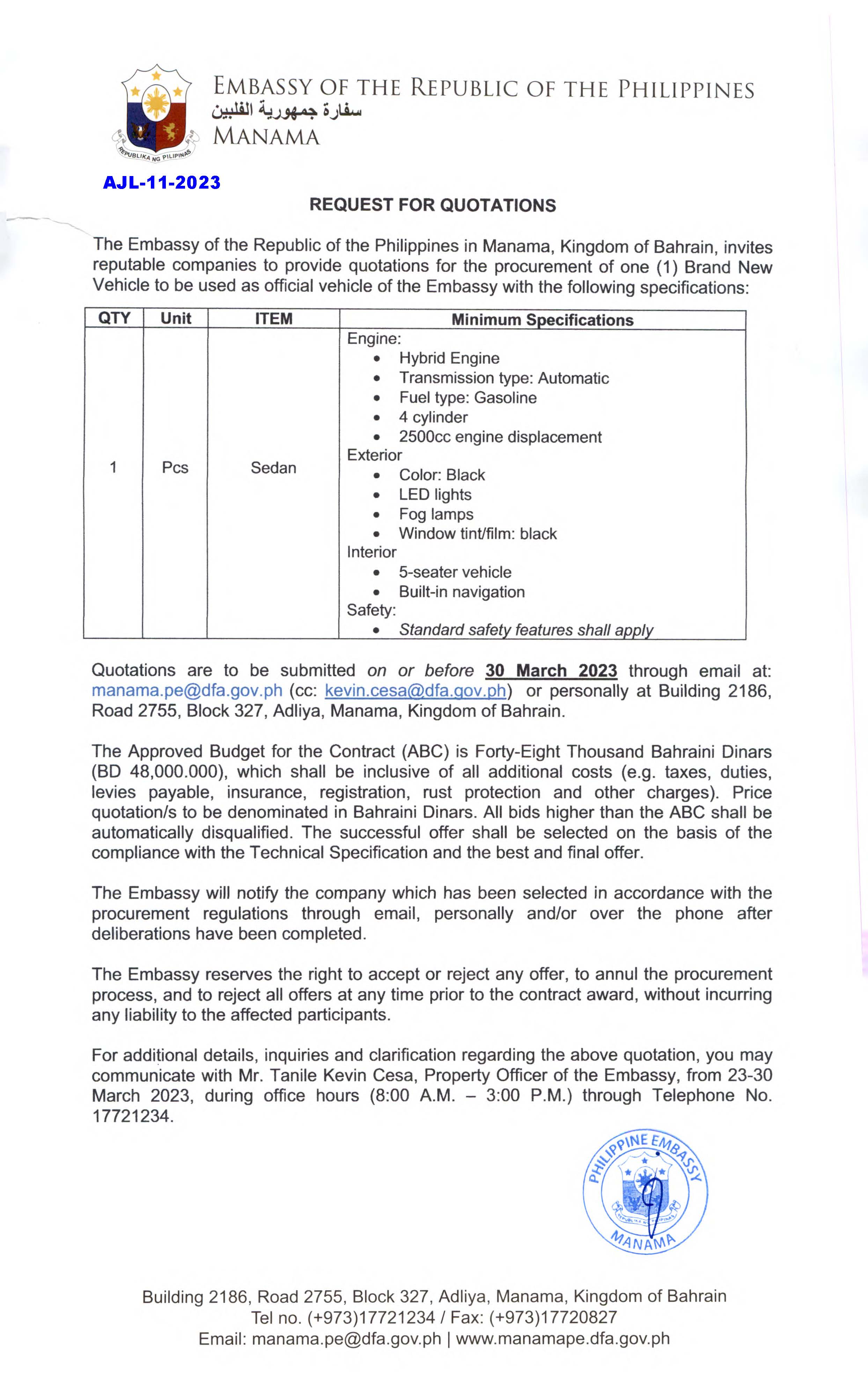 AJL 11 2023 Request for Quotations for the Procurement of one 1 Brand New Vehicle to be used as the Official Vehicle of the Embassy
