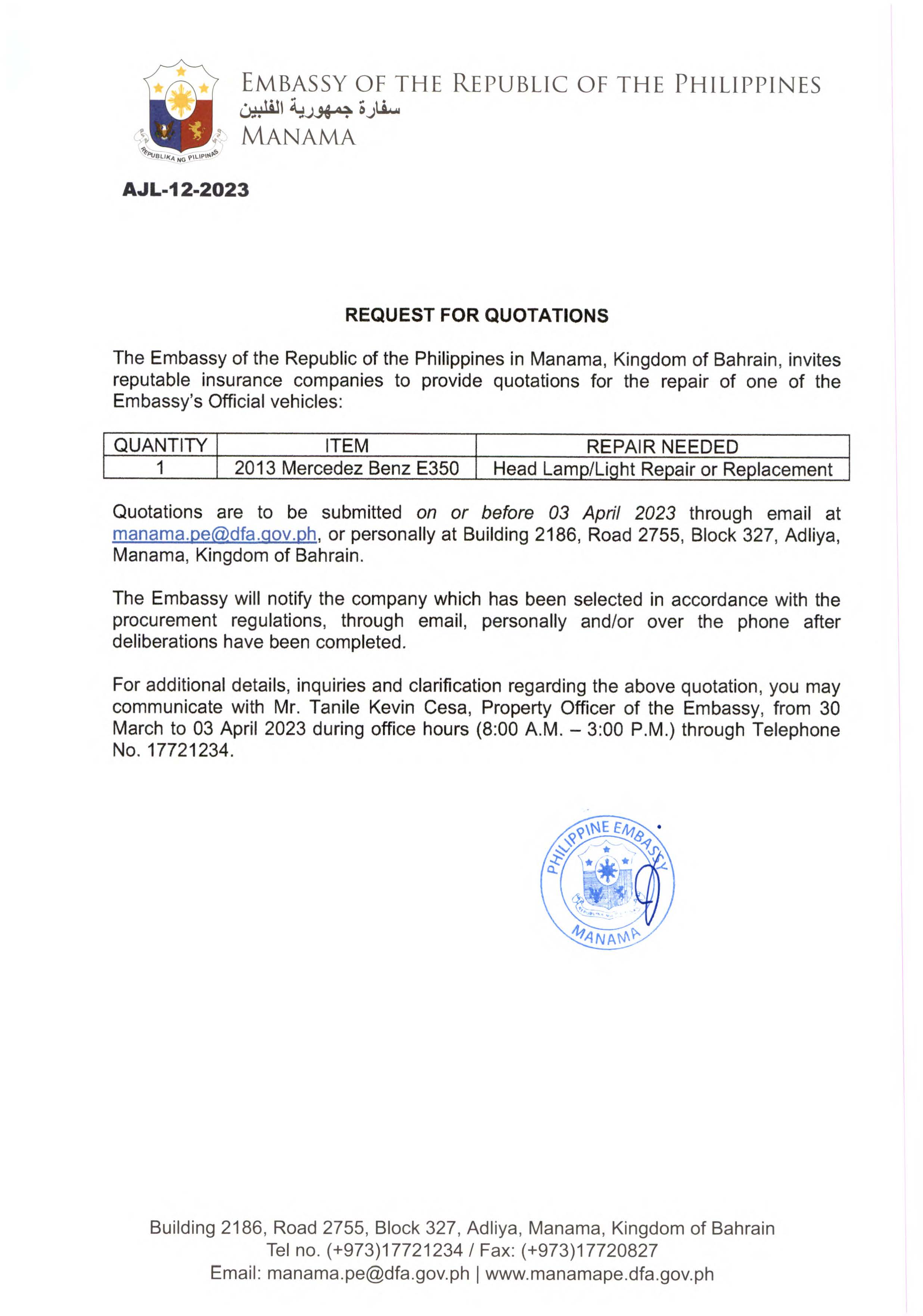 AJL 12 2023 Request for Quotations for the Procurement of Repair or Replacement of Head Lamp or Light the 2013 Mercedez Benz E350
