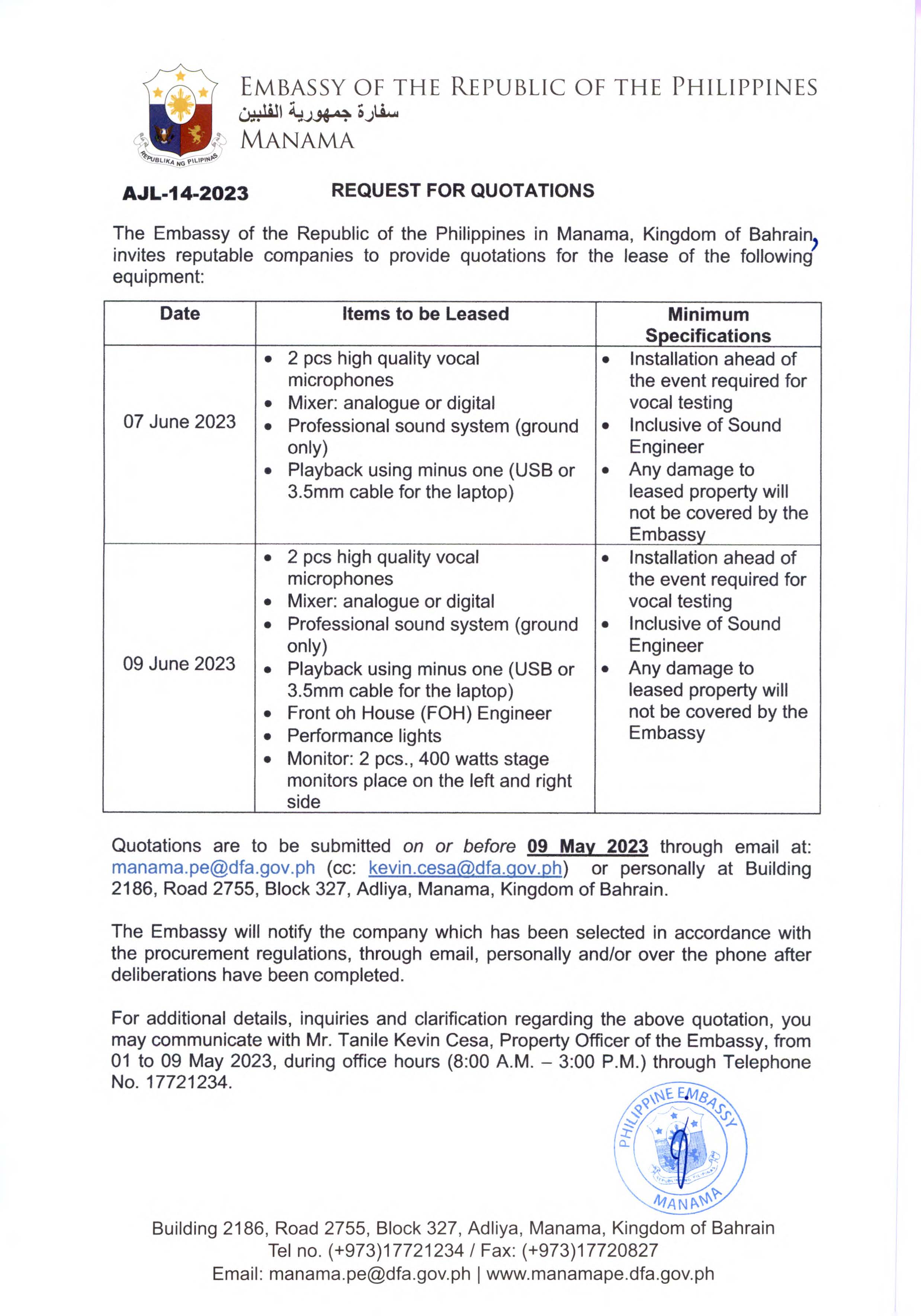 AJL 14 2023 Request for Quotations for the Lease of Various Equipment for the National Day Reception and the Vocal Workshop
