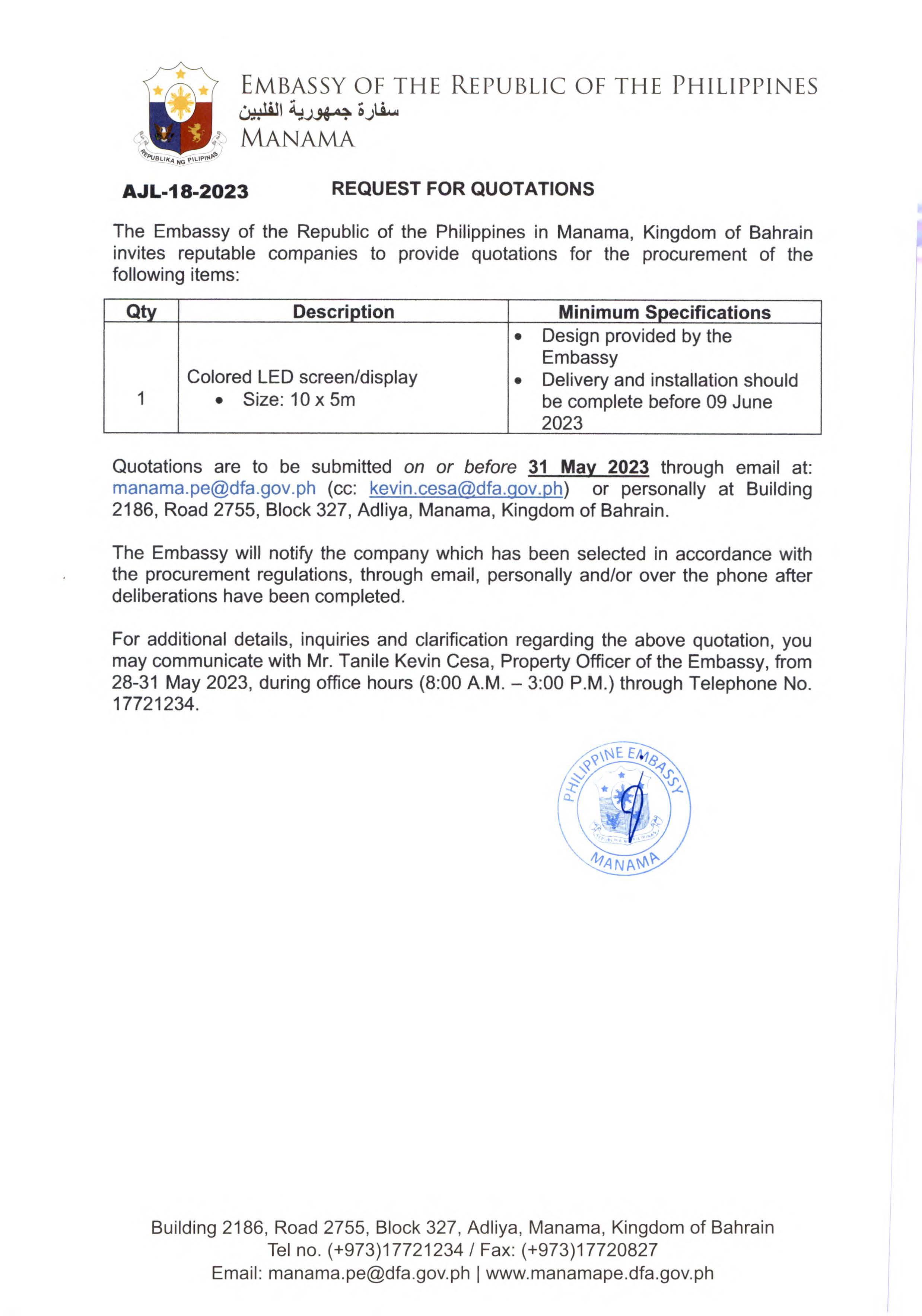 AJL 18 2023 Request for Quotations for the Procurement of Colored LED Screen or Display 10 x 5m
